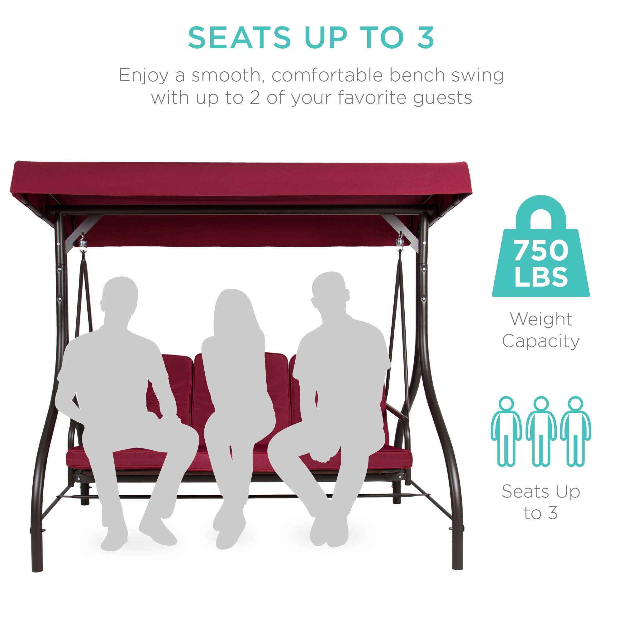Best Choice Products 3-Seat Outdoor Canopy Swing Glider with Adjustable Shade - Patio Hammock Lounge Chair for Porch, Backyard, Garden w/ Removable Cushions & Flatbed - Burgundy Red - Perfect for Relaxing, Lounging and Outdoor Entertaining