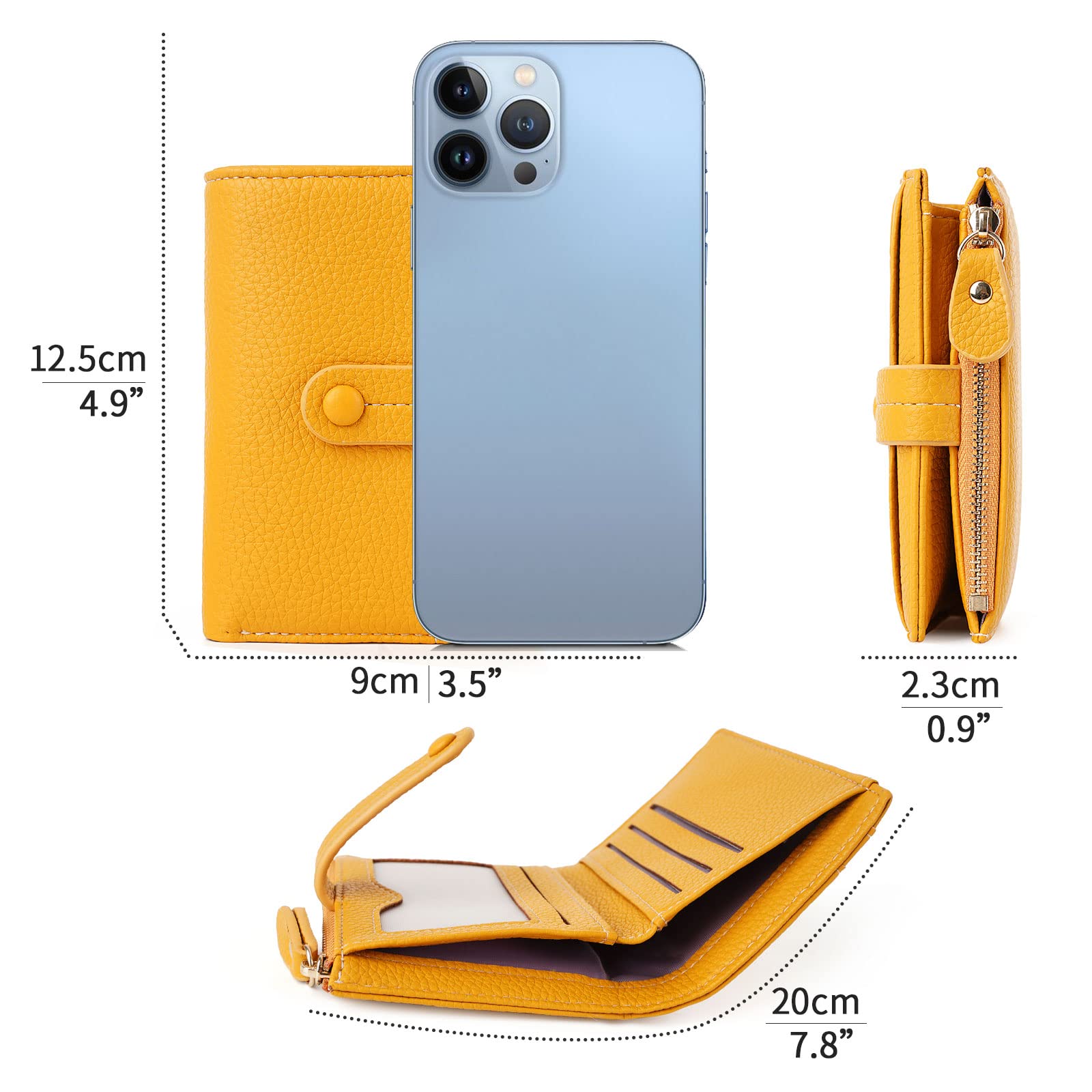HKCLUF RFID Blocking Leather Wallet for Women - Bifold Zipper Coin Purse with ID Window (Yellow) | Perfect for Travel & Daily Use