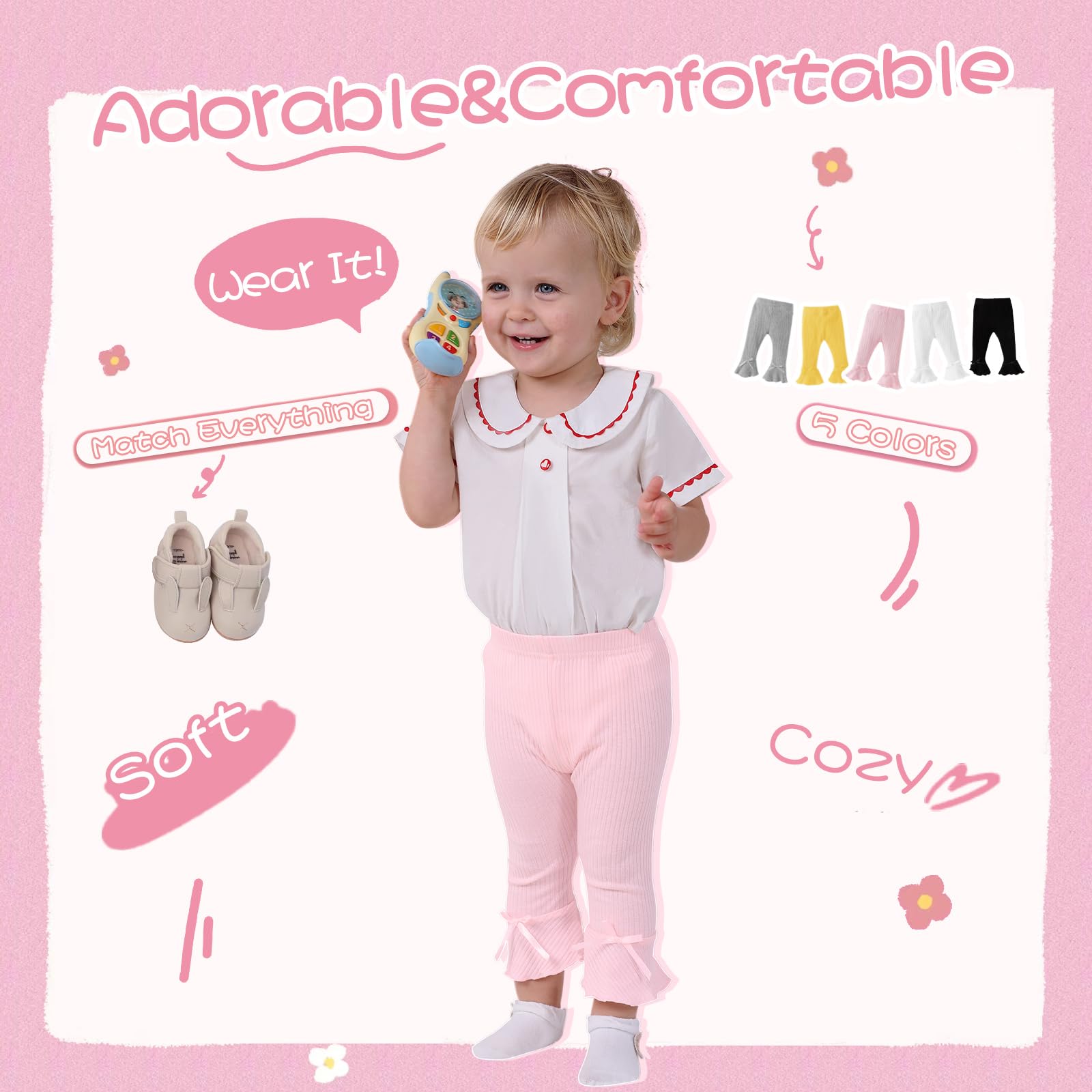 **Soft Ribbed Baby Girl Leggings & Bell Bottoms - 5 Pack | Newborn Toddler Infant Pants | Stylish & Comfortable for Playtime, Daycare & Family Outings**