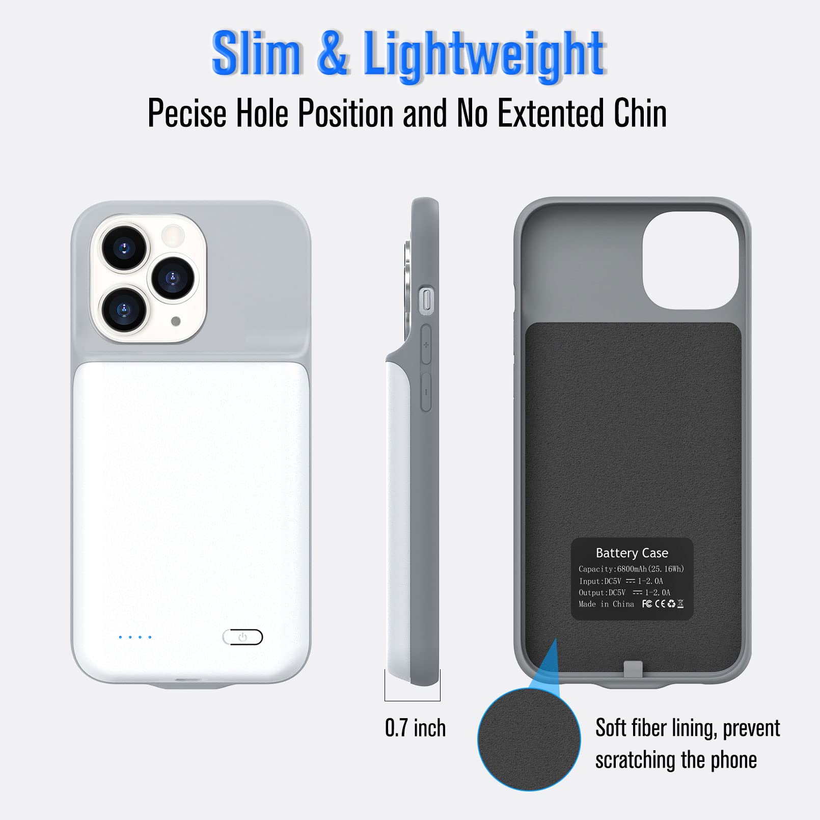 Gladgogo 7000mAh Ultra Slim Rechargeable Battery Case for iPhone 12 Pro Max (6.7 inch) - Lightweight Extended Battery Pack & Protective Charger Cover - Perfect for Travel, Work & Outdoor Activities - White