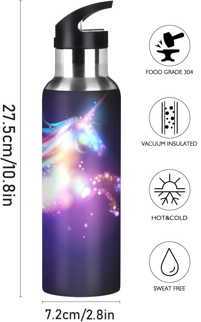 Qilmy 20 oz Stainless Steel Vacuum Insulated Water Bottle with Straw Lid - Leakproof Thermo Flask for Gym, Hiking & School - Unicorn Design Sport Bottle for Kids & Adults