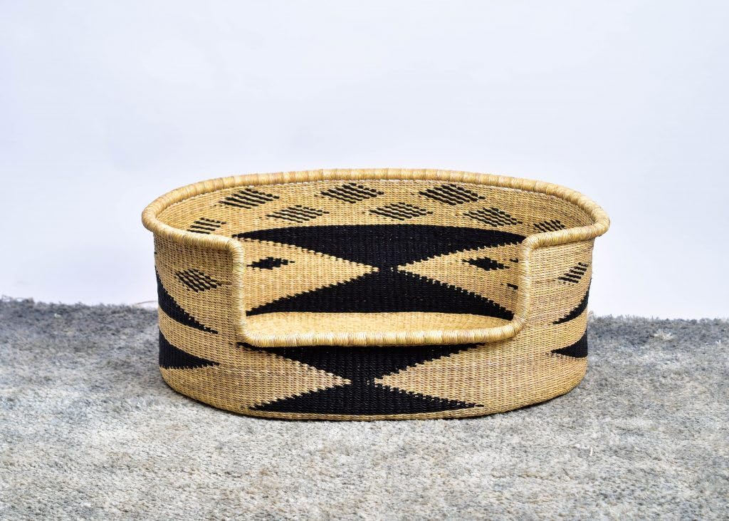 Handmade African Woven Dog Basket - Small, Medium & Large Bolga Pet Bed with Mattress | Natural Wicker Puppy Bed for Indoor & Outdoor Use | Cozy Dog Furniture for Living Room, Patio or Bedroom