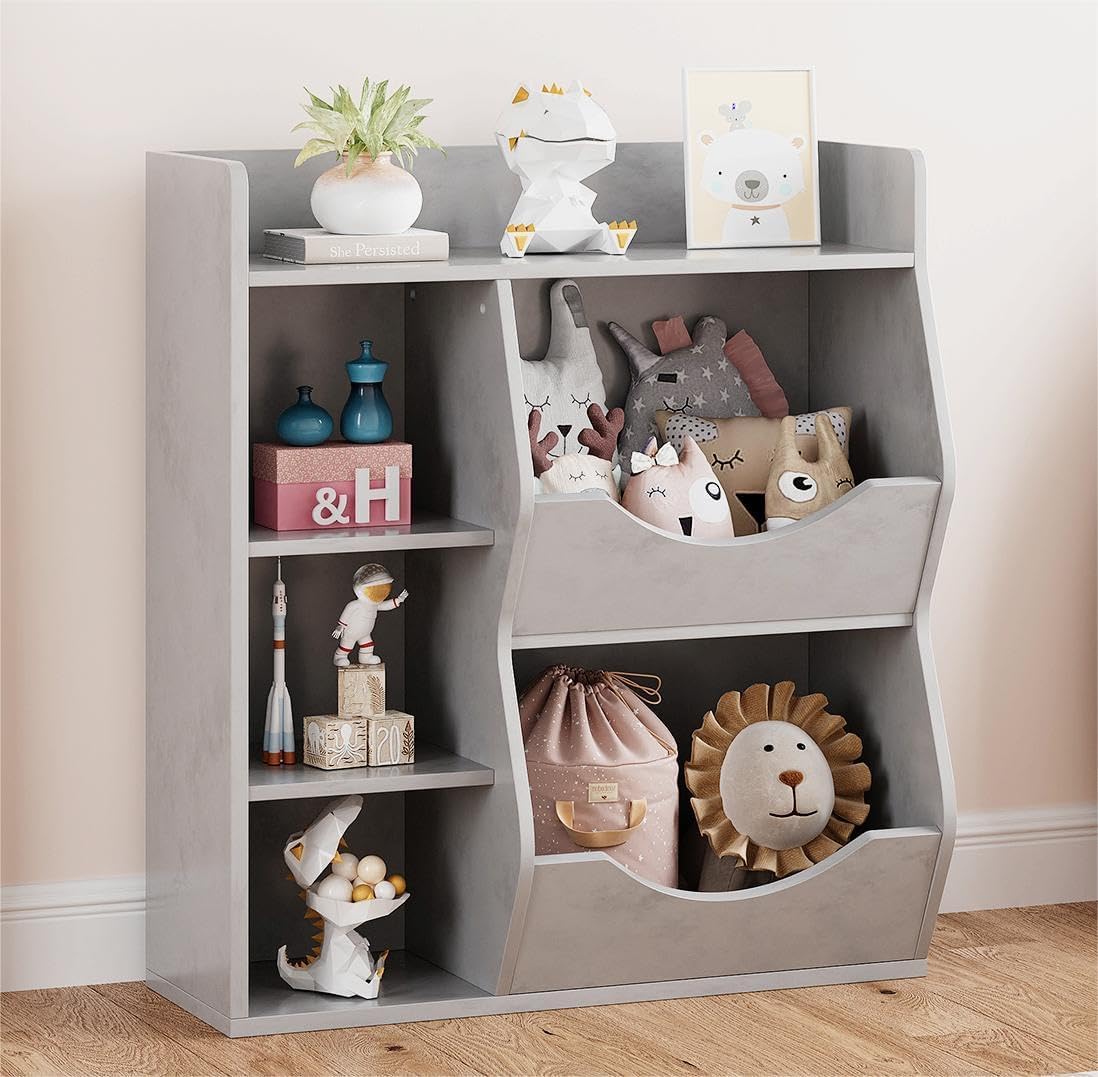 Kids 3-Tier Toy Storage Organizer & Bookshelf - Double-Sided Gray Toy Shelf with 5 Compartments for Bedroom, Nursery & Playroom - Perfect for Organizing Toys, Books & School Supplies