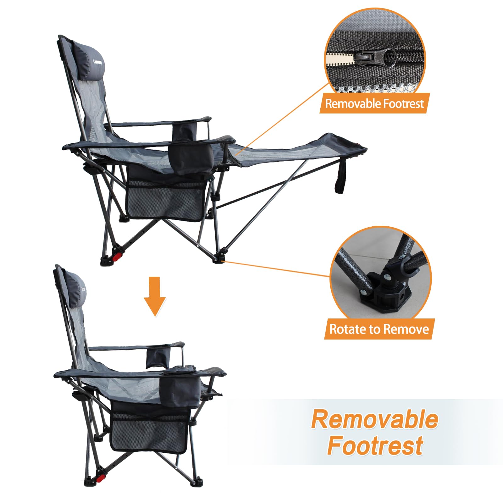 Reclining Camping Chair with Removable Footrest & Headrest - Portable Adjustable Folding Lounge Chair with Cotton Cushion for Adults - Perfect for Outdoor Camping, Beach Relaxing & Backyard Lounging