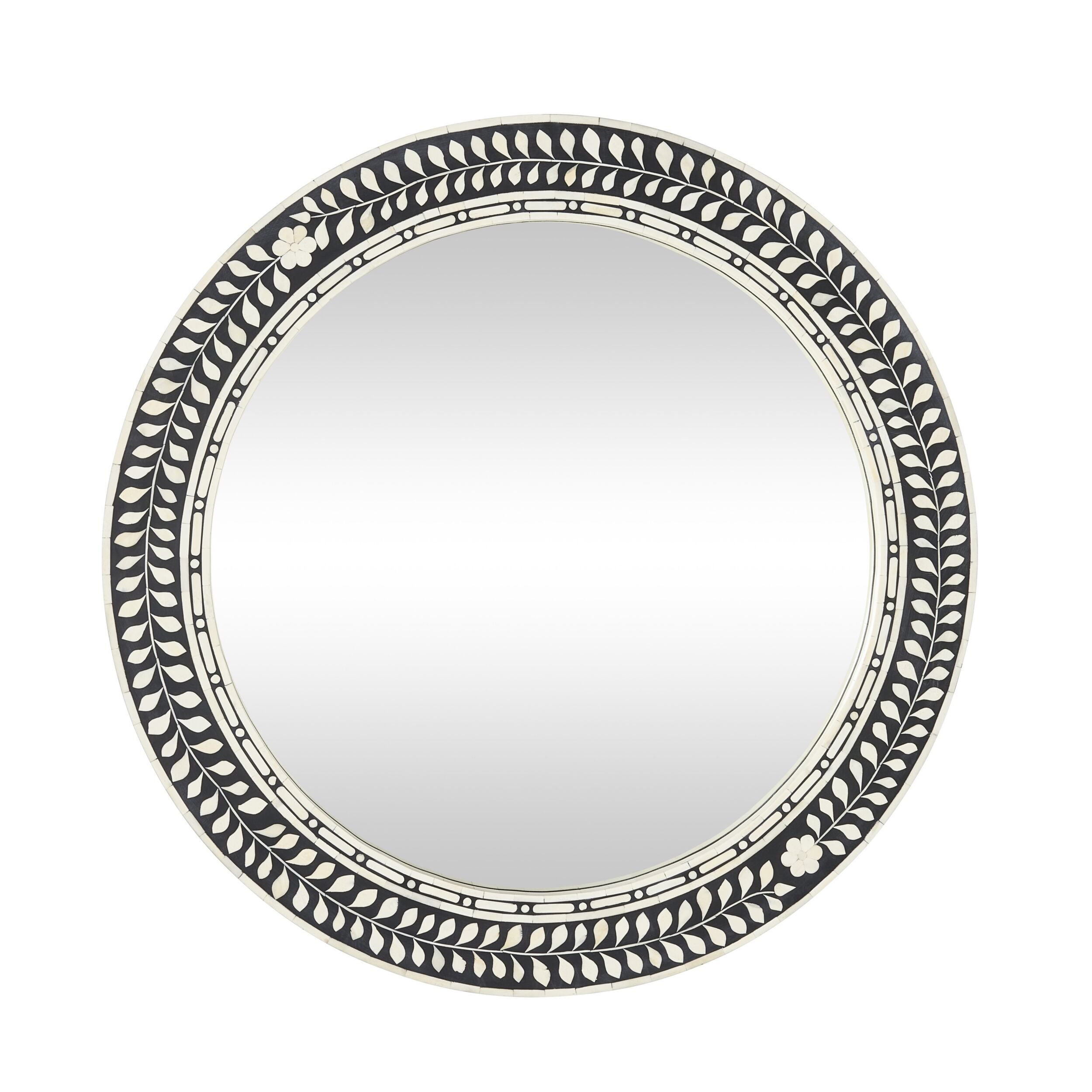 Bone Inlay Round Mirror - Black & White 36 Inch Wall Decor for Living Room, Bedroom & Entryway