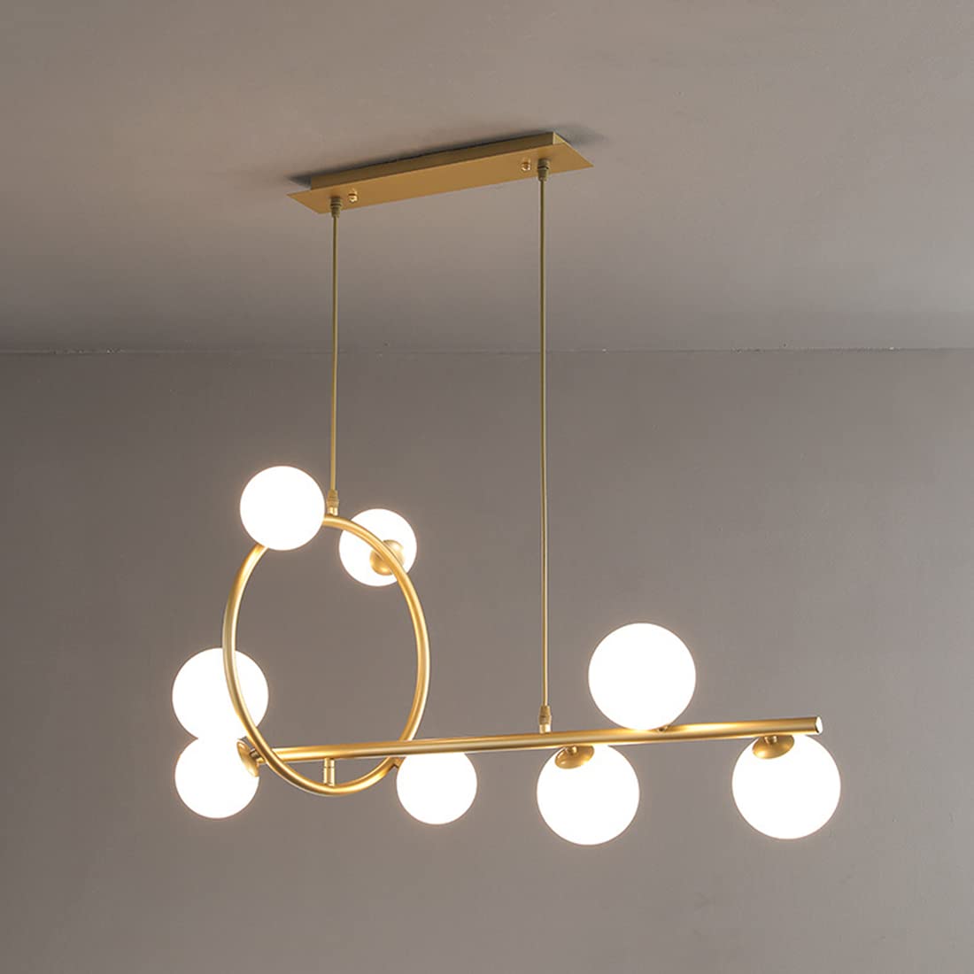 8-Light Globe Chandelier Gold Linear Pendant Light Fixture with Magic Bean Molecule Glass Orb Shade - Modern Ceiling Light for Dining Room, Kitchen, Bedroom, Living Room (White Shade) - Perfect for Home Decor, Wedding Venues and Restaurant Lighting