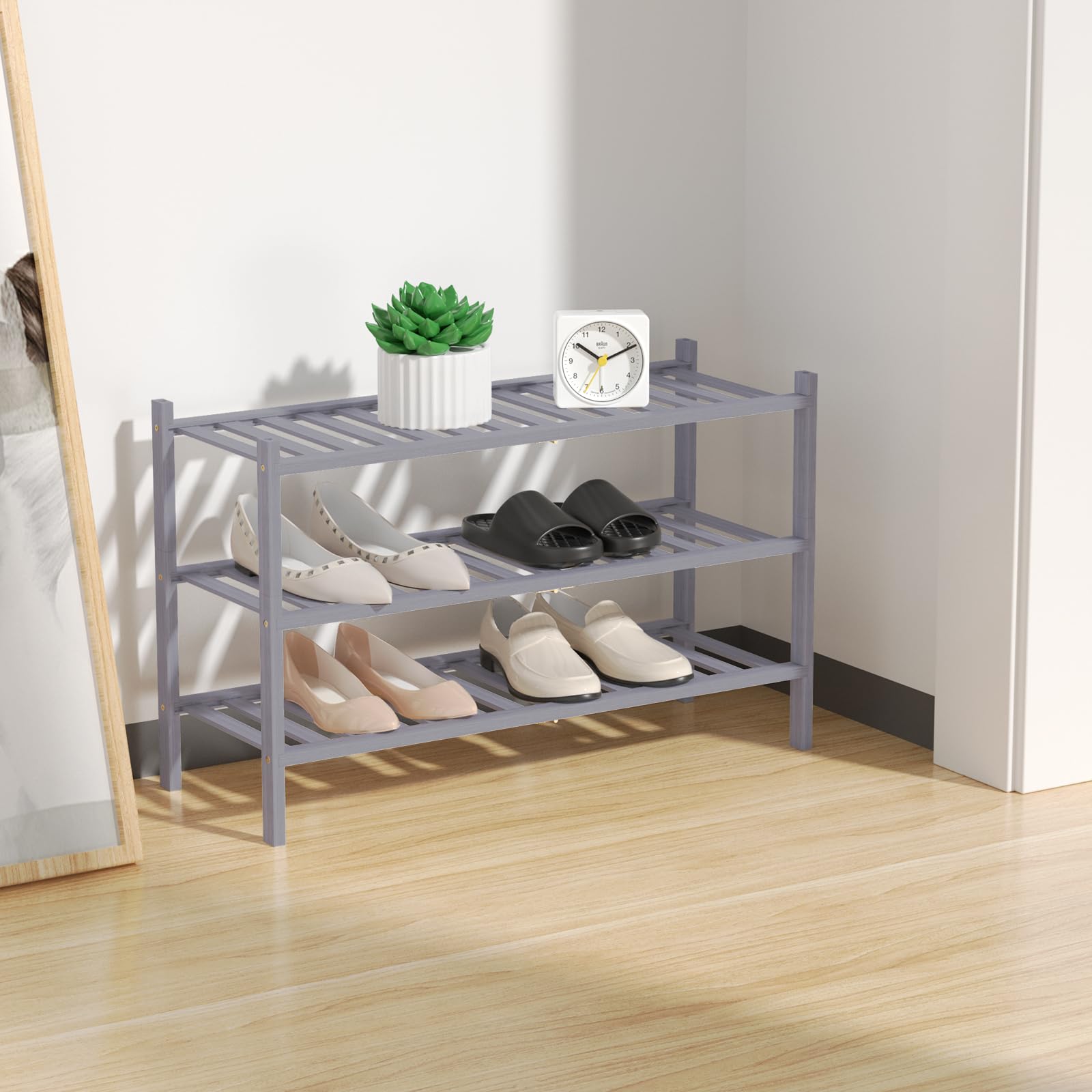 3-Tier Bamboo Shoe Rack Organizer - Free Standing Wooden Shoe Shelf for Closet, Entryway & Small Spaces - Stackable Storage Solution in Gray - Perfect for Apartment, Dorm & Home Organization