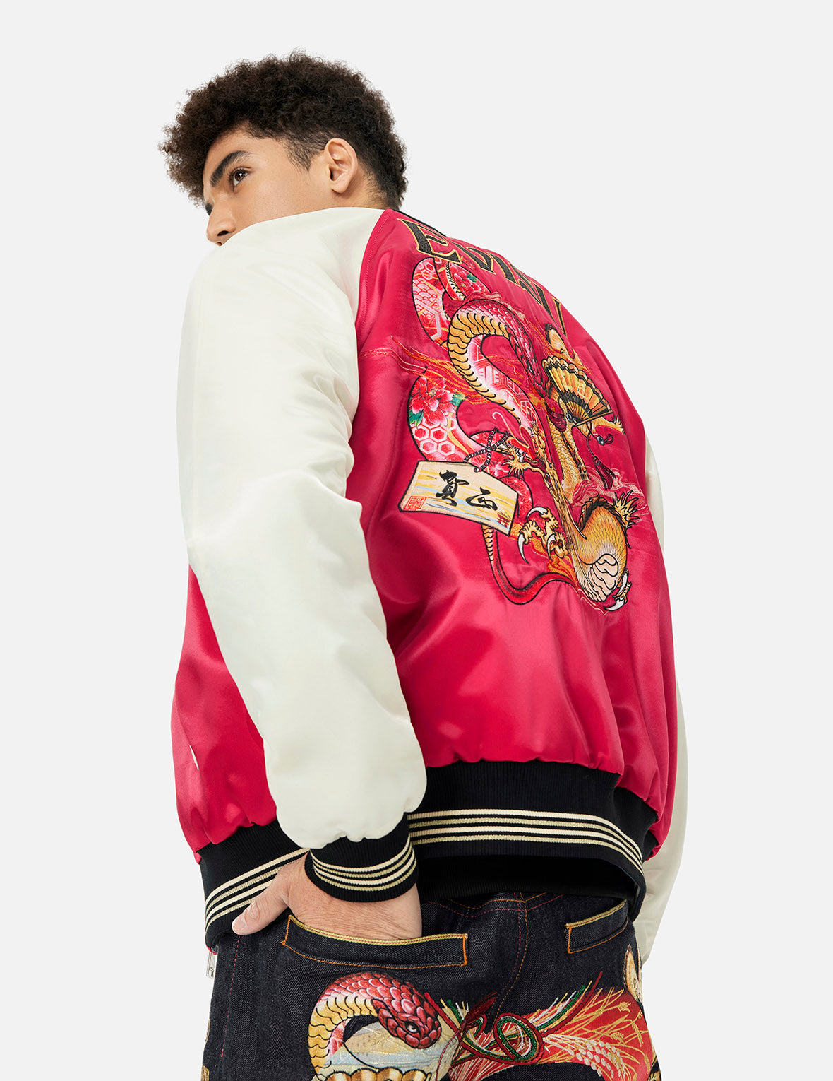 Reversible Red Jacket with Soaring Snake Embroidery & Japanese Totem Prints - Comfortable Relax Fit Souvenir for Travel, Festival, and Cultural Events