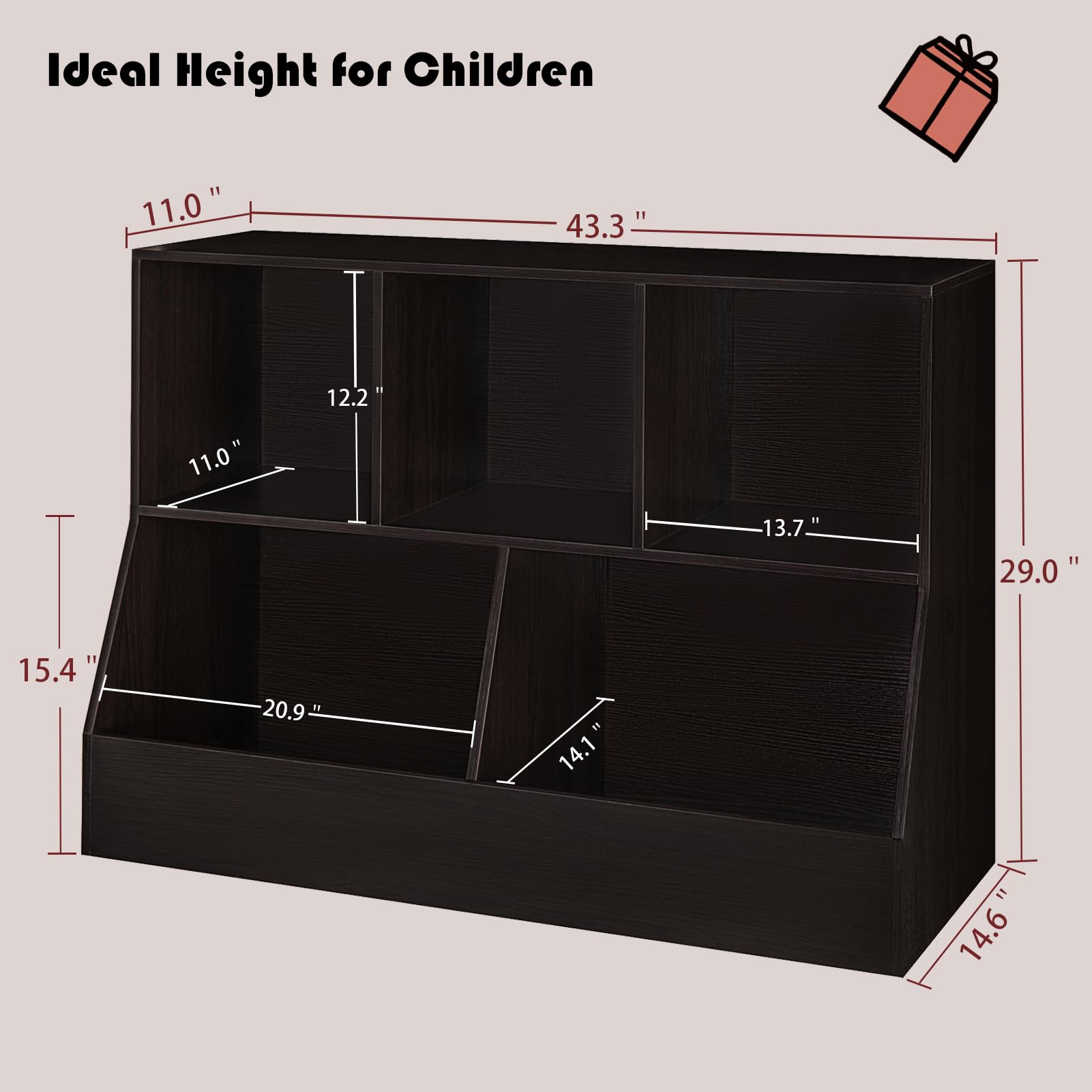 DINZI LVJ 5-Cubby Wooden Toy Storage Organizer & Kids Bookshelf - Espresso Toy Cabinet & Bookcase for Playroom, Bedroom, Nursery - 43.3