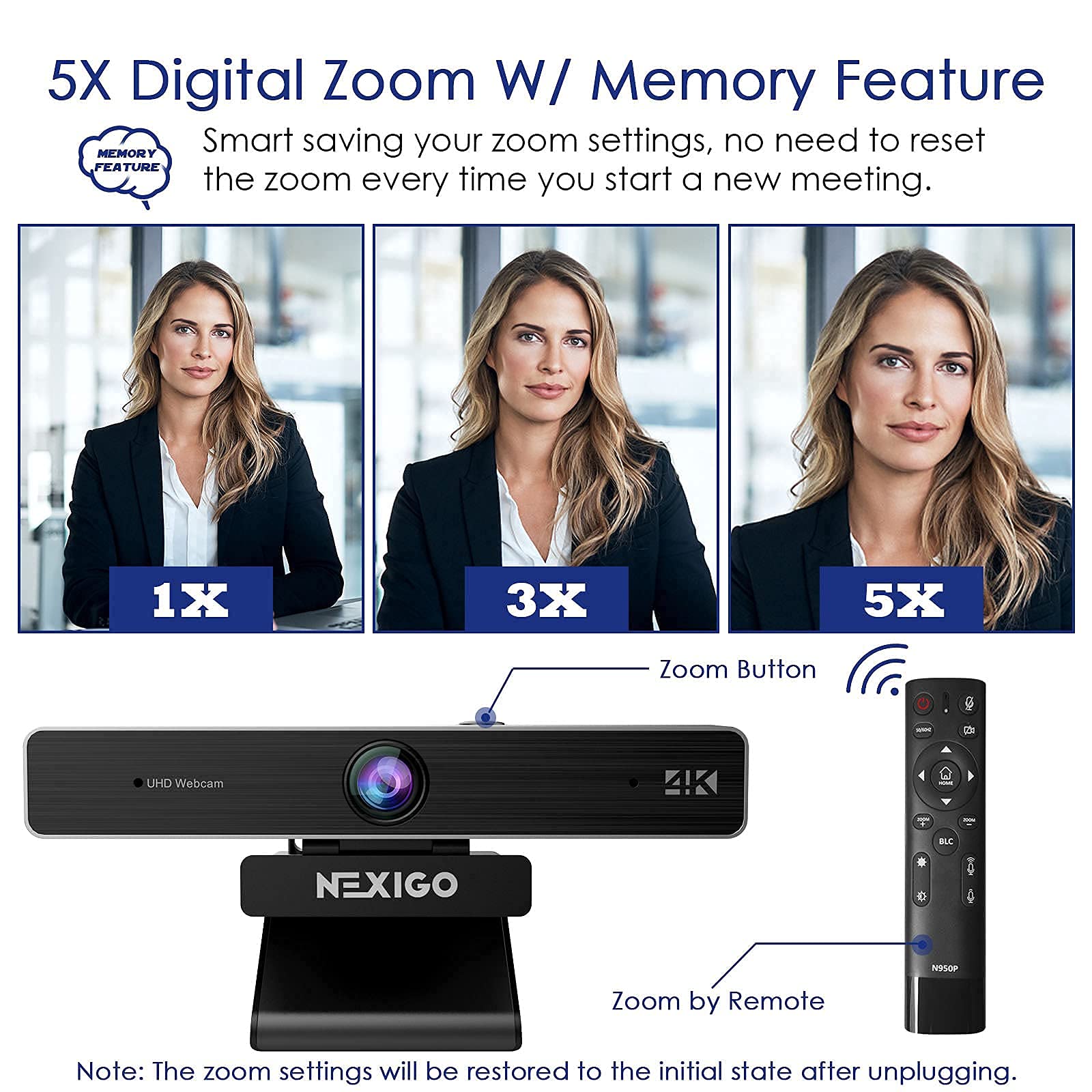 NexiGo N950P 4K UHD Webcam with Remote, Sony Starvis Sensor, 5X Digital Zoom & Adjustable Tripod - Perfect for Zoom, Skype, Teams Video Calls, Live Streaming, Online Teaching & Remote Work