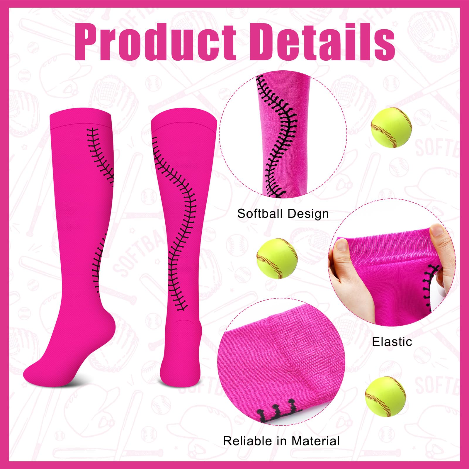 Xtremee 6 Pairs Neon Pink Softball Socks for Girls - Breathable Athletic Sports Socks with Cushioned Sole - Perfect for Softball Games, Team Sports & Active Wear