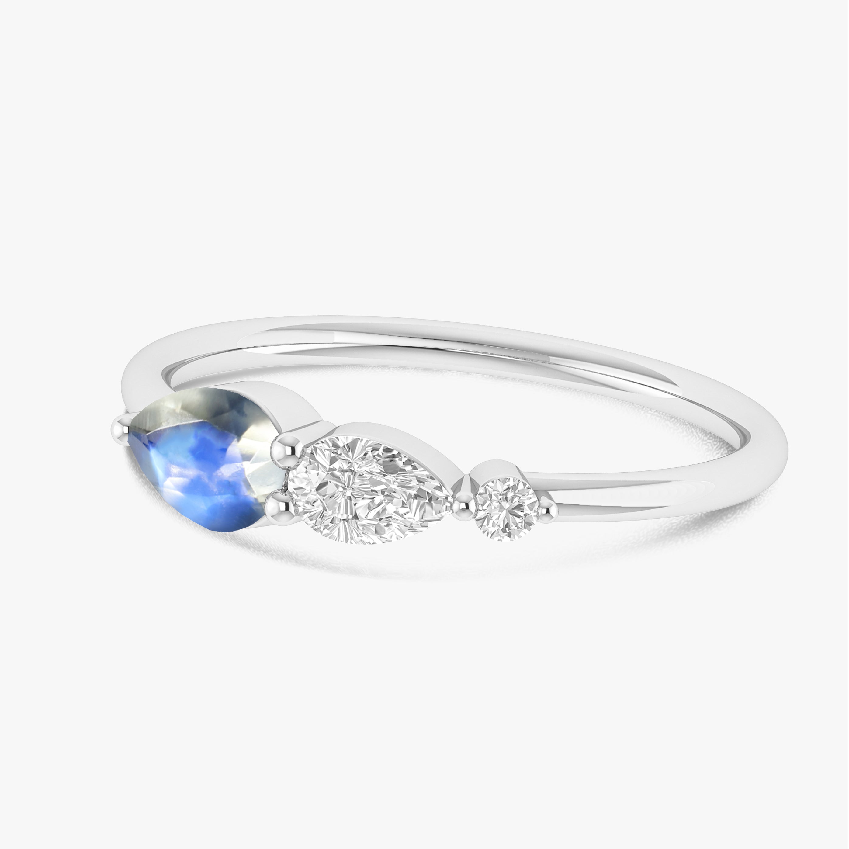 Natural Rainbow Moonstone Pear Three Stone Ring – Elegant Sterling Silver Jewelry for Women | Perfect for Weddings, Anniversaries & Special Occasions