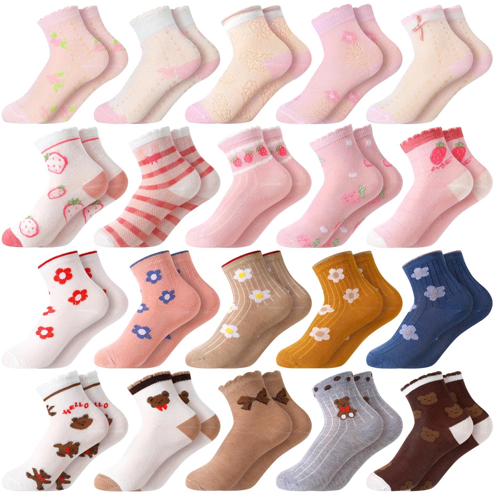 Bencailor 20 Pairs Cartoon Pattern Crew Socks for Girls - Soft Cotton Cute Ruffle Ankle Socks with Fun Designs - Perfect for School, Playtime & Everyday Wear