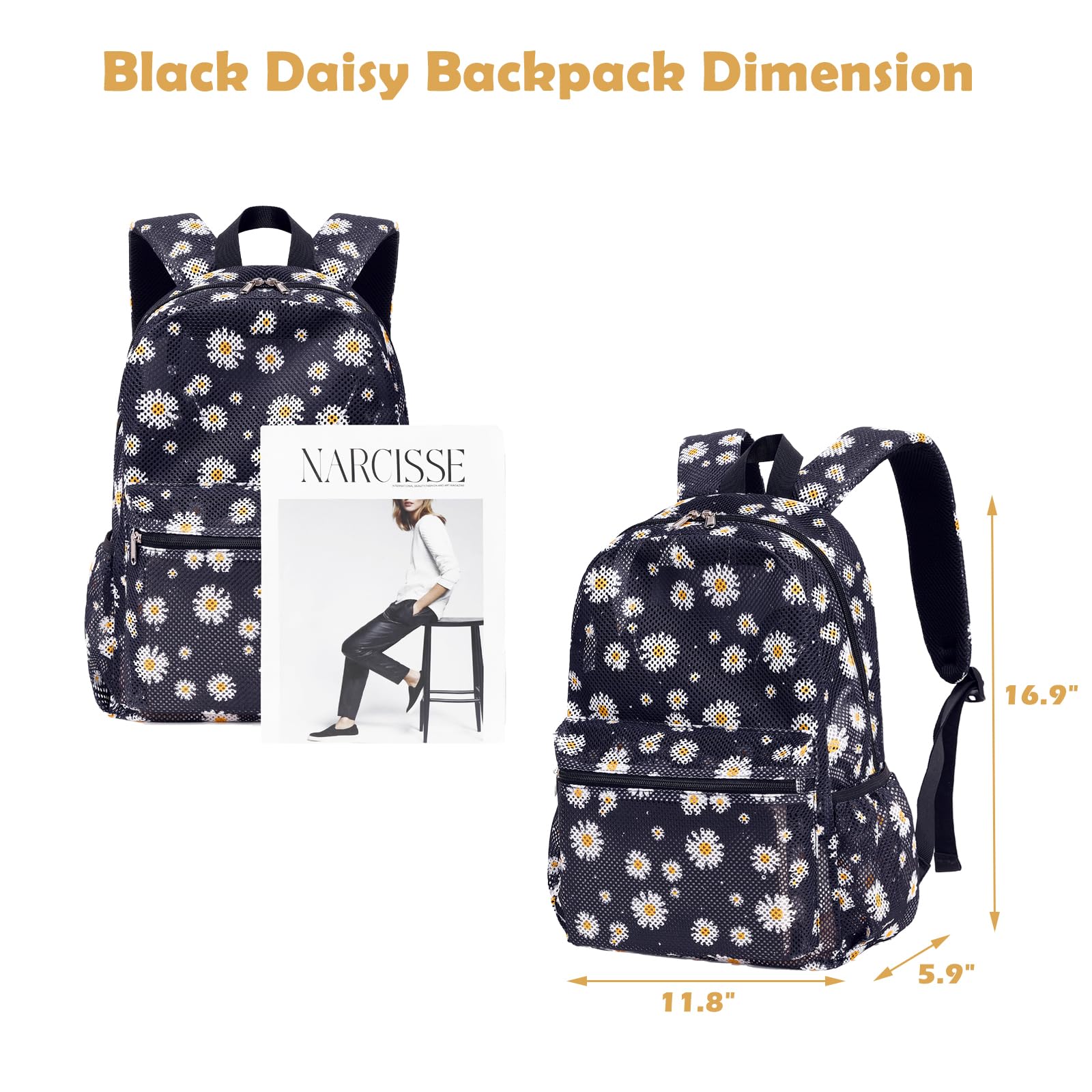 Daisy Black Mesh Backpack for Women & Girls - Semi-Transparent Lightweight Laptop Backpack with See-Through Design - Perfect for School, Work, Travel & Gym