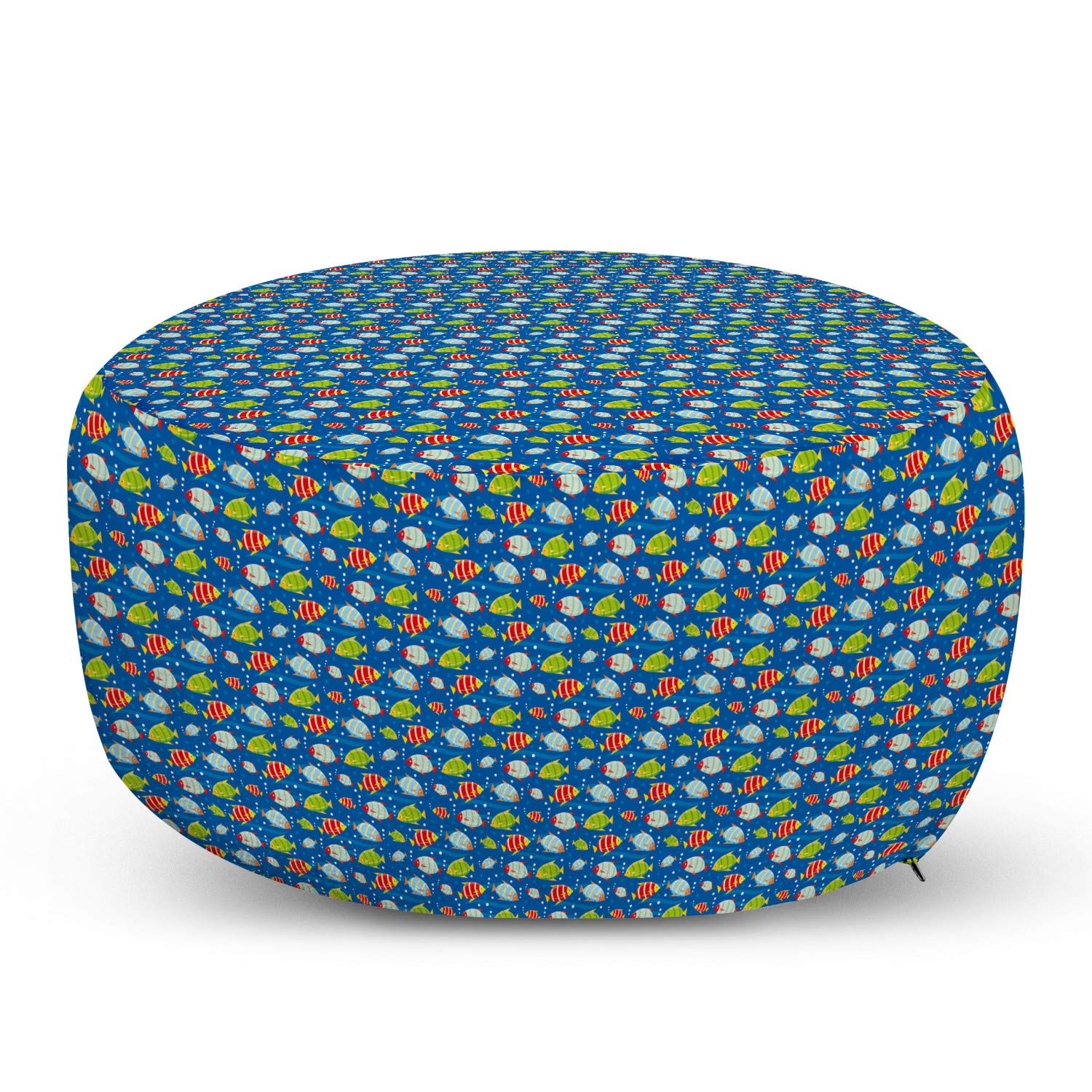 Ambesonne Cartoon Ottoman Pouf - Vibrant Fish Design on Navy Blue, Marine Life Digital Art Footrest with Removable Cover - Perfect for Living Room, Bedroom & Nursery Decor - Navy Blue Multicolor Home Accent