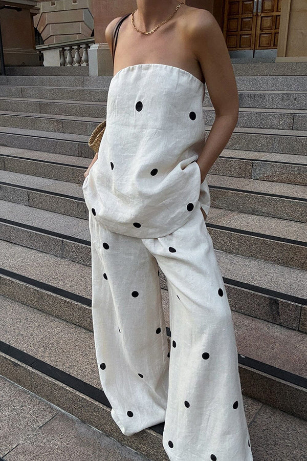 Stylish Linen Blend Polka Dot Bandeau Top & Elastic Waist Pocket Wide Leg Pants Set - Perfect for Summer Outfits, Beach Vacations and Casual Wear
