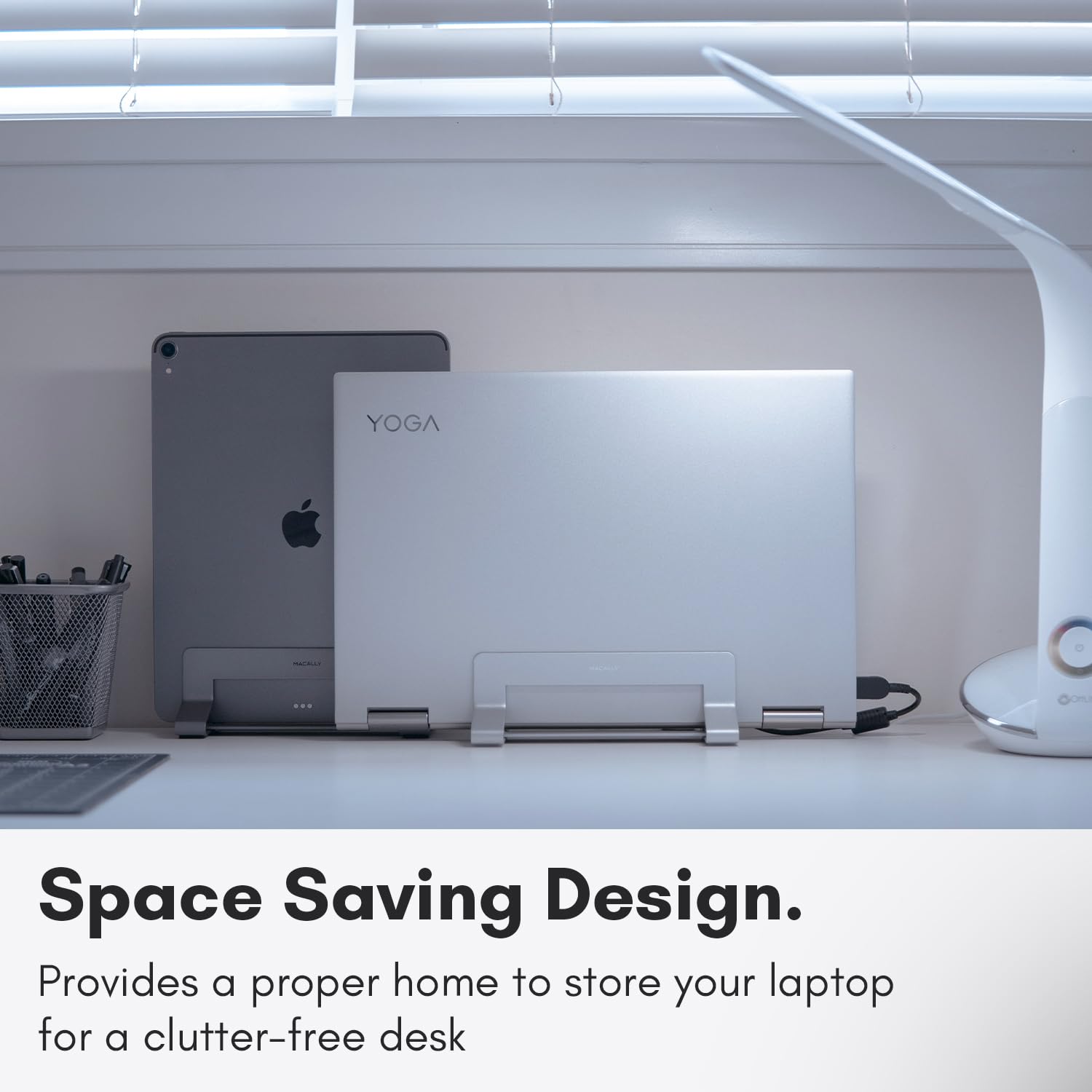 Macally Vertical Laptop Stand for Desk - Adjustable Space Saving Laptop Holder for MacBook Pro/Air | Improves Airflow & Organizes Workspace | Perfect for Home Office, Dorm & Small Spaces