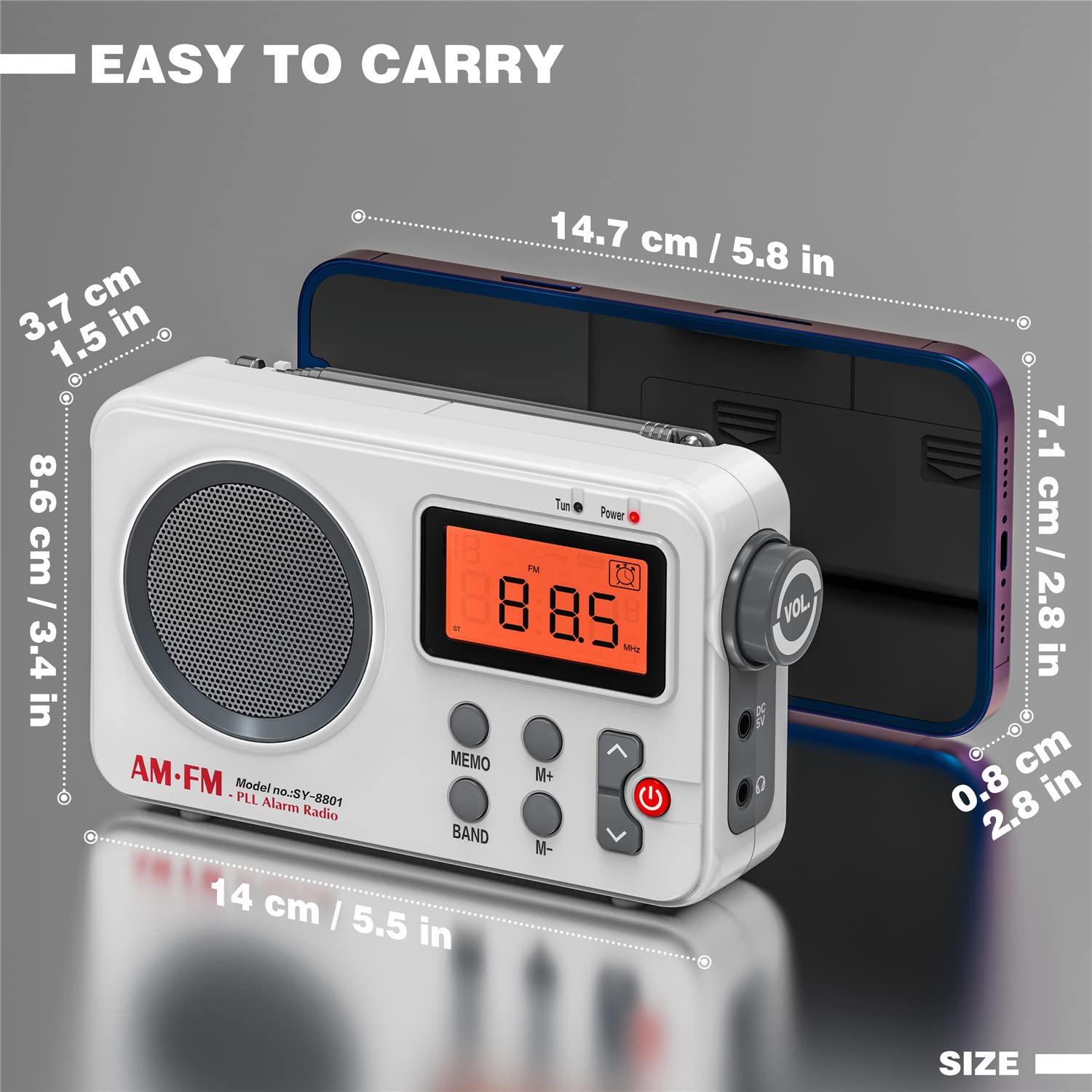 Portable AM/FM Transistor Radio with Excellent Reception & High Sound Quality - Digital Display, Alarm Clock, Manual Tuning & Headphone Jack - Perfect for Home, Office, Travel & Emergency Use