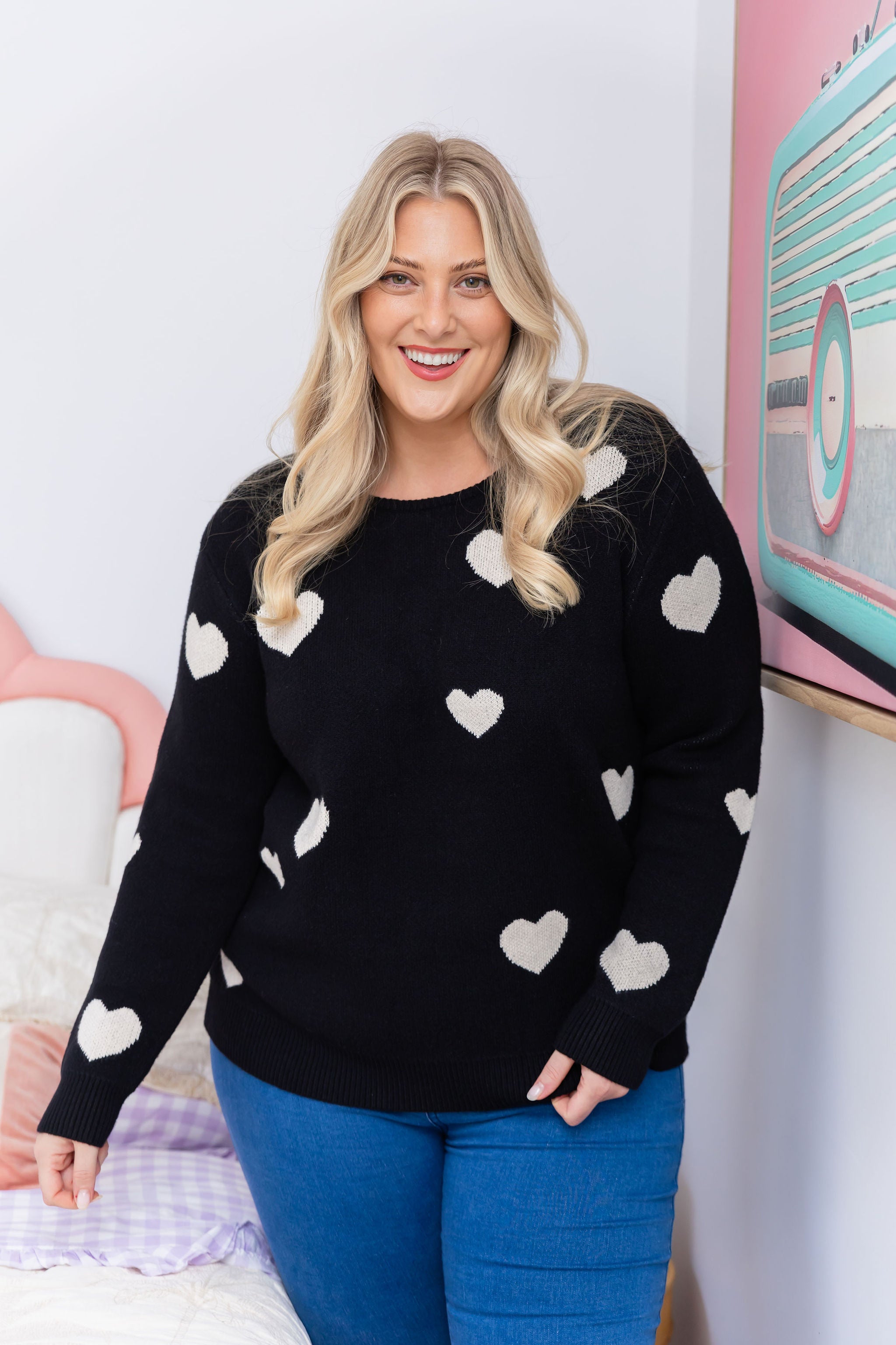 Amor Knit Jumper Women's Black Sweater with Cream Heart Pattern - Cozy Winter Pullover for Casual Outfits & Date Nights