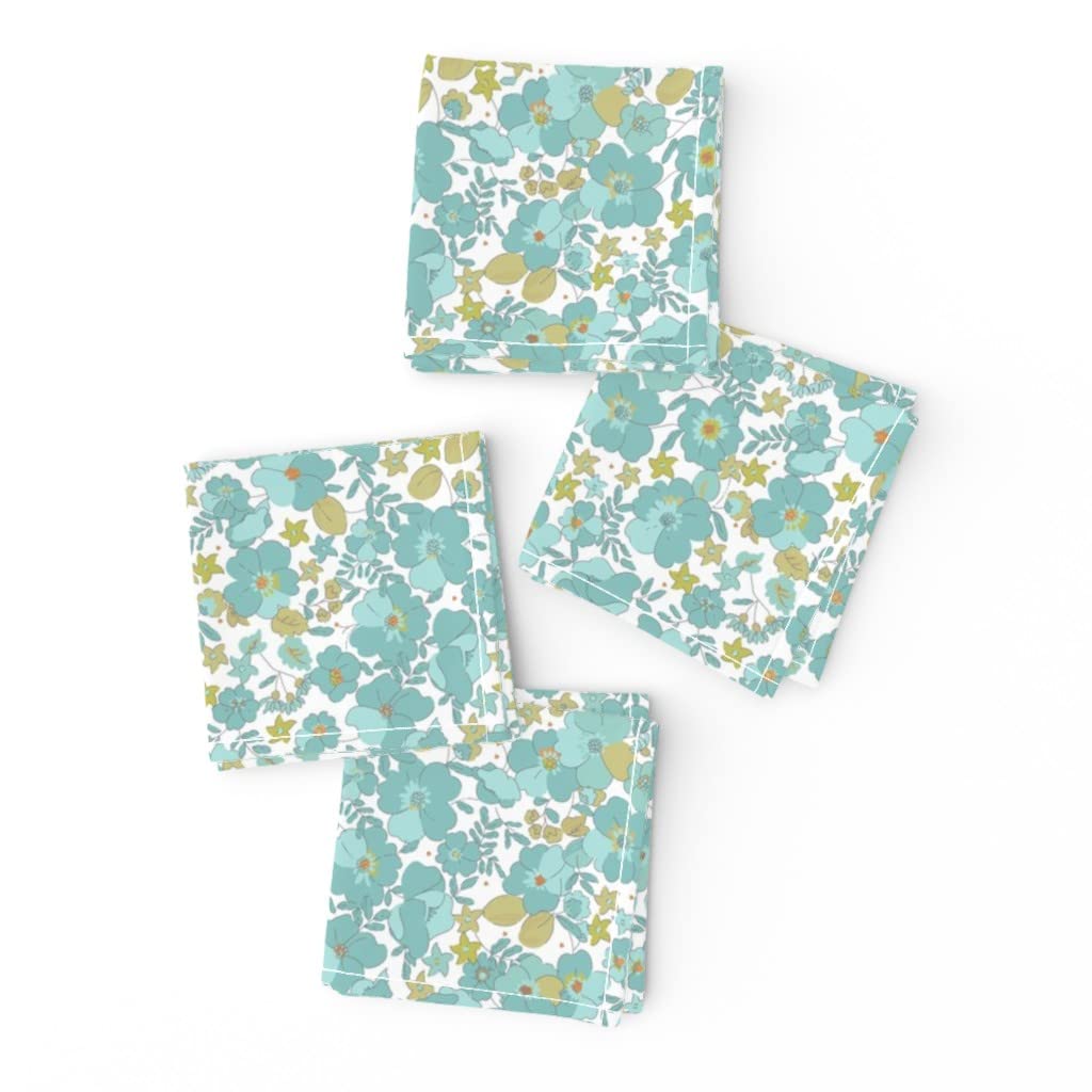 Vintage Floral Cocktail Napkins Set of 4 - 70s Bohemian Wild Flowers Printed Linen Cotton Canvas Drink Napkins for Parties, Weddings & Home Decor