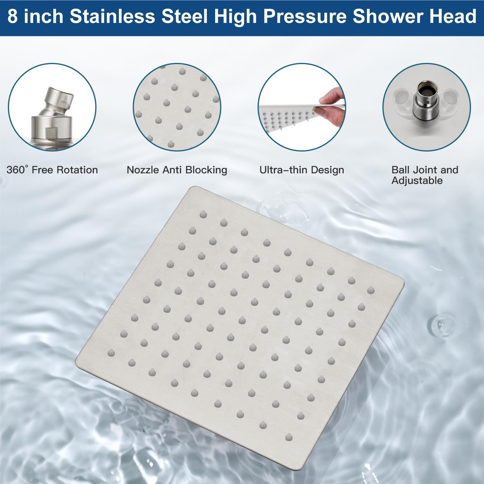 Midanya 8 Inch Square Rainfall Shower System - Brushed Nickel Wall Mount Shower Faucet Set with Hand Sprayer, Rough-in Valve & Trim Kit - Luxury Bathroom Mixer Combo for Spa-Like Experience