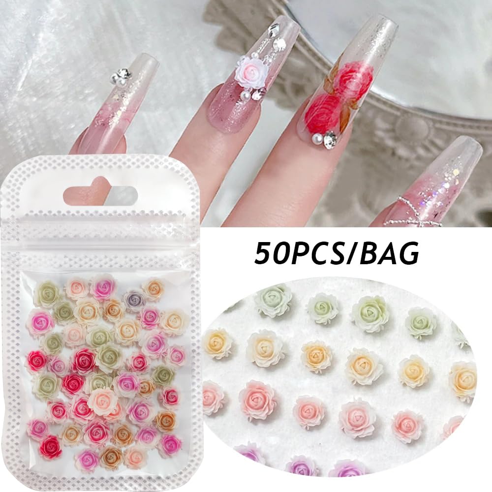 100PCS 3D Flower Nail Charms - Red Pink Purple Green Resin Acrylic Rose Nail Art Decorations for DIY Manicure | Spring & Mother's Day Nail Design for Women & Girls | Perfect for Parties, Weddings, and Special Occasions