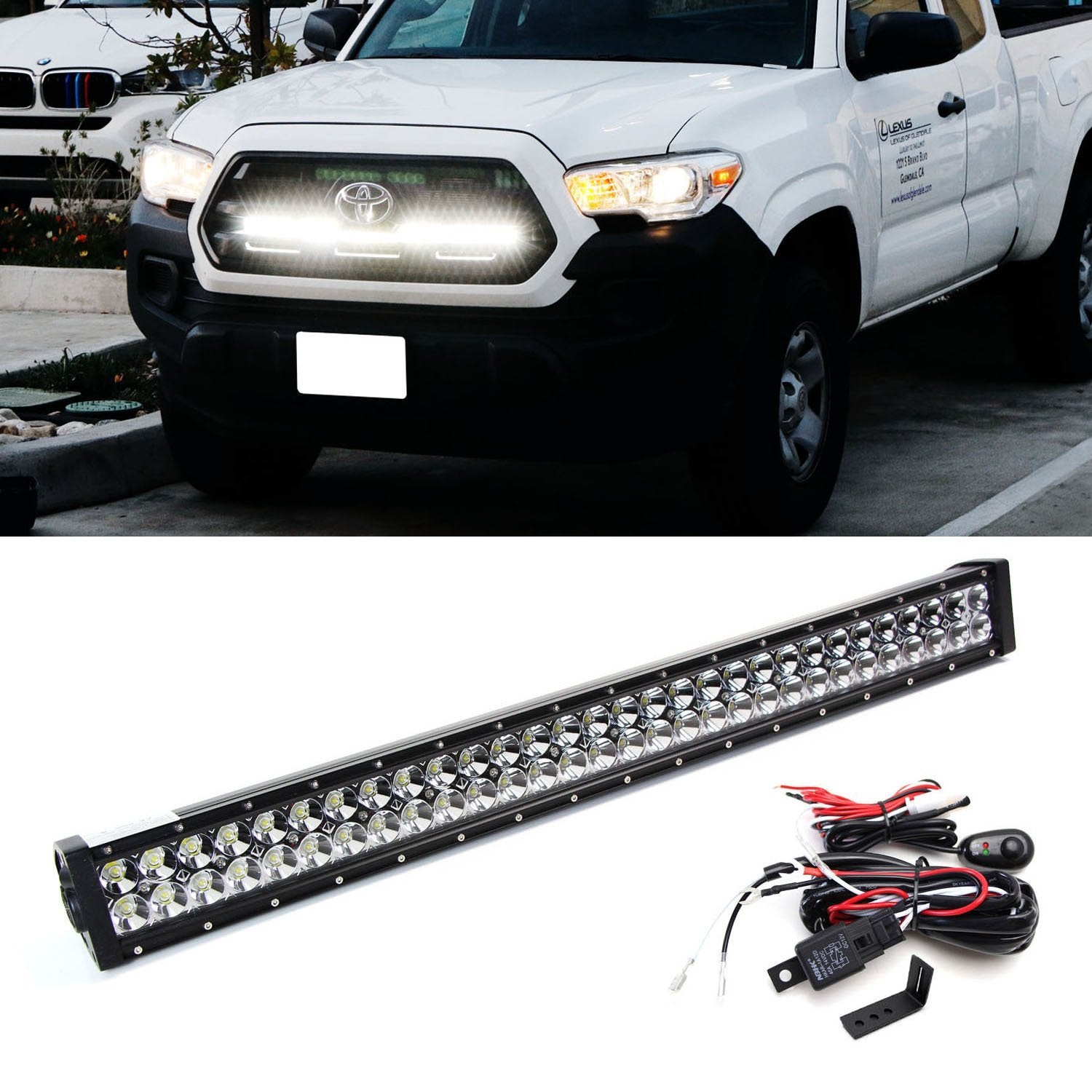 180W 30-Inch LED Light Bar with Behind Grill Bracket & Wiring Harness - Compatible with 2016+ Toyota Tacoma - Perfect for Off-Roading, Camping & Night Driving