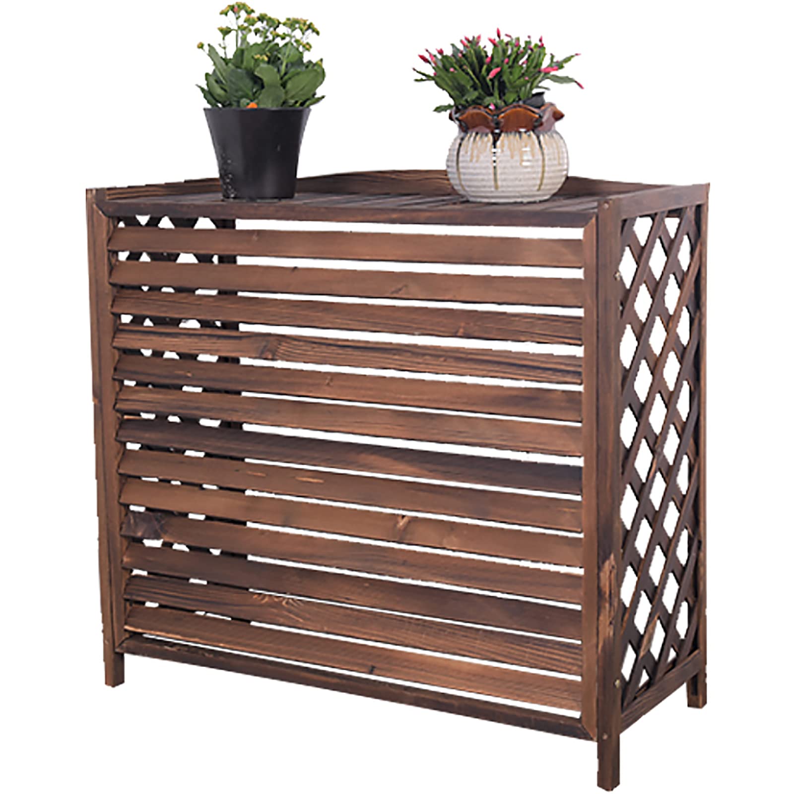 QLLL Natural Wooden Gardening Workbench - Outdoor Balcony Plant Display Rack with Grid Design & Air Conditioner Cover, Brown | Perfect for Small Space Gardening, Herb Planting & Outdoor Decor