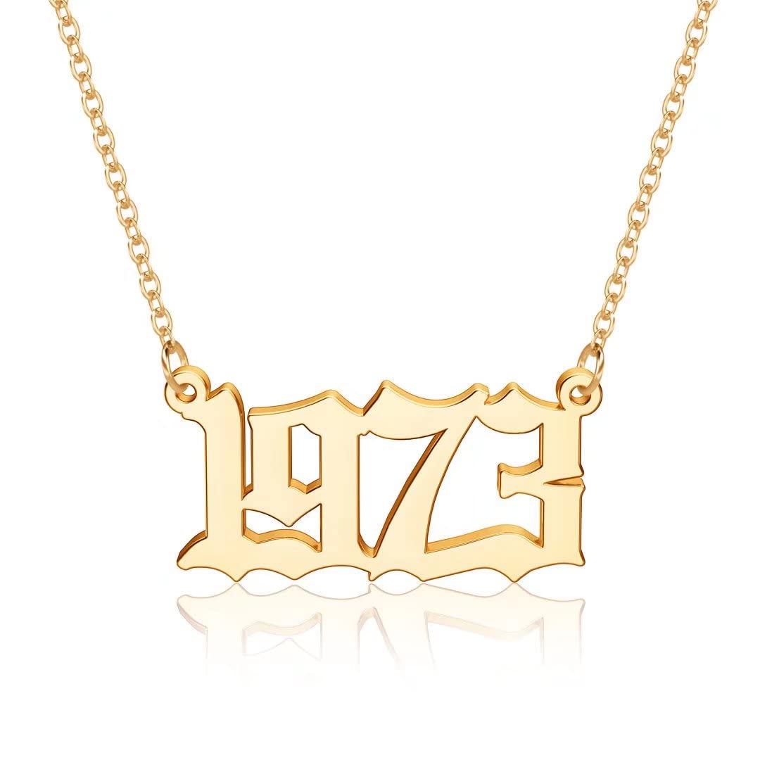 18K Gold Plated Old English Birth Year Necklace for Women - Personalized Number Pendant Jewelry Gift (1970-2021) | Perfect Birthday, Anniversary & Mother's Day Present
