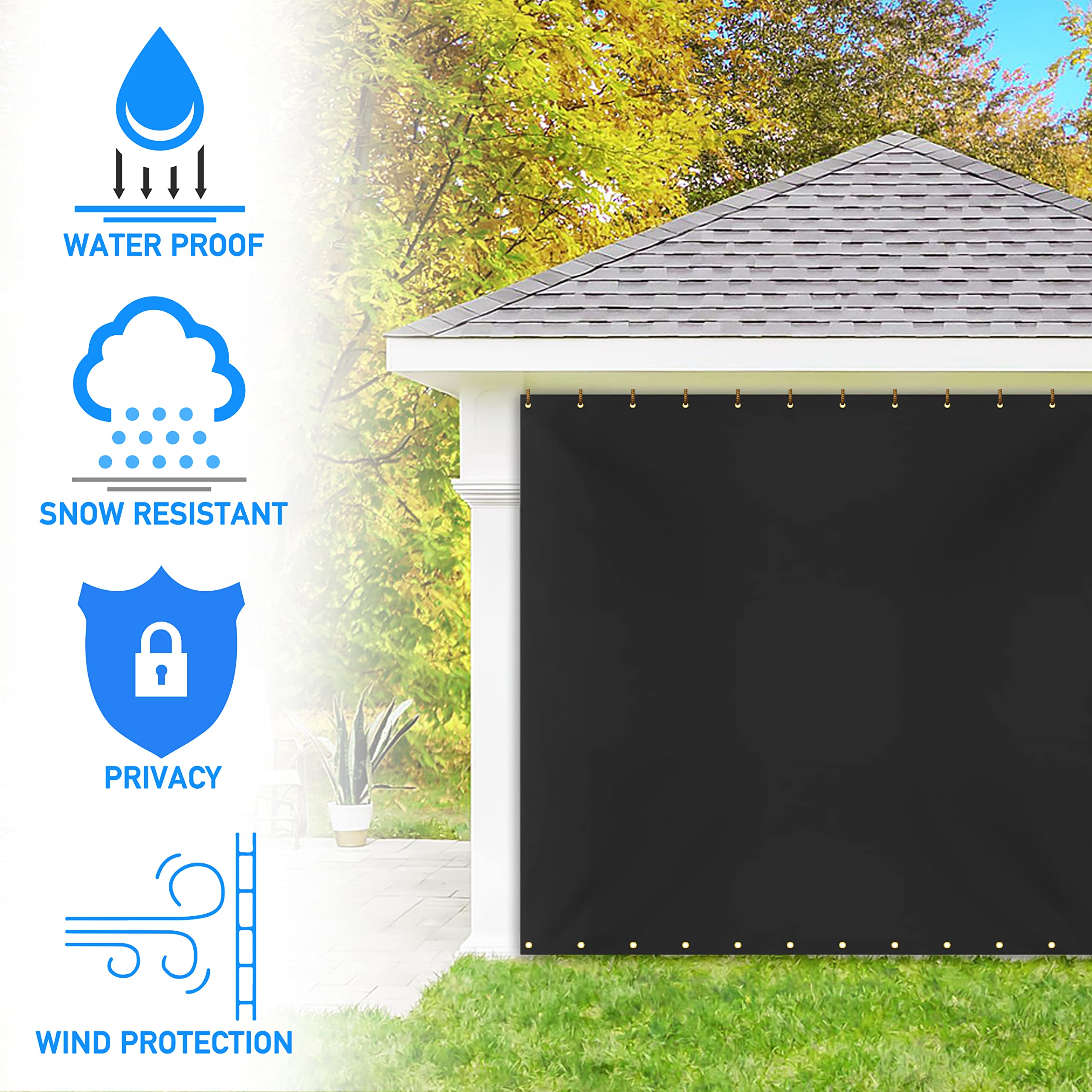 Heavy Duty 12 Oz Outdoor Vinyl Blackout Curtains for Patio, Pergola, Porch & Gazebo - Weather Resistant, Rustproof Grommets (8' H x 9' W, Black) - Perfect for Dining Room Windows, Sun Protection & Outdoor Privacy