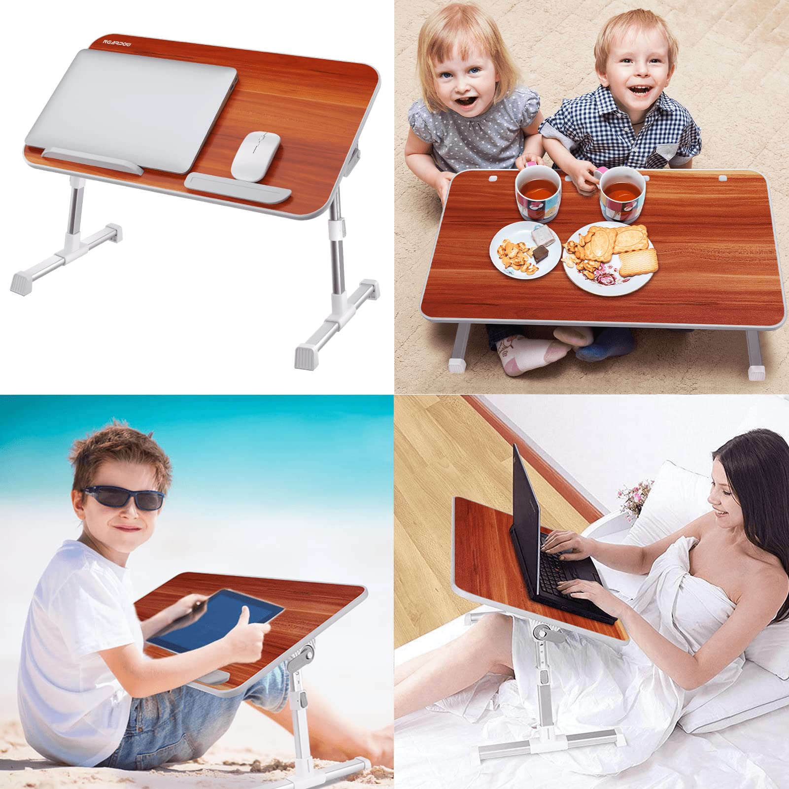 NEARPOW Adjustable Laptop Bed Tray - Portable Laptop Stand for Computer, Notebook & Tablet - Foldable Lap Desk for Working, Eating, Reading in Bed, Sofa or Couch (Brown) | Perfect for Home Office, Dorm Room & Cozy Workspaces