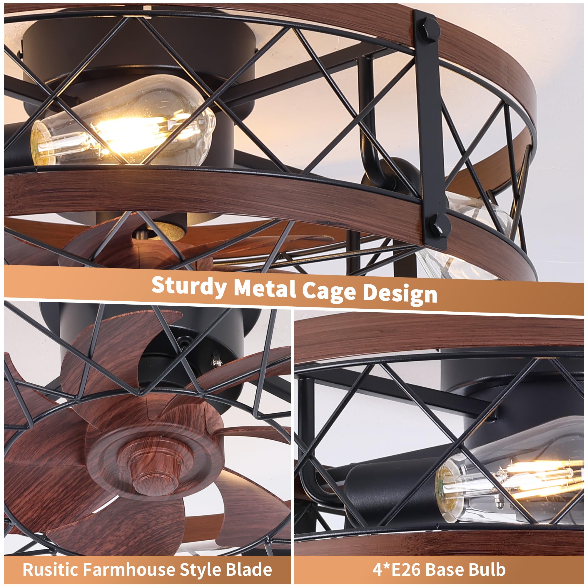 REDSTAR Retro Small Ceiling Fan with Light & Remote Control - Flush Mount Low Profile Caged Ceiling Fan for Bedroom, Living Room, Kitchen - Energy Efficient & Quiet Operation (Black)