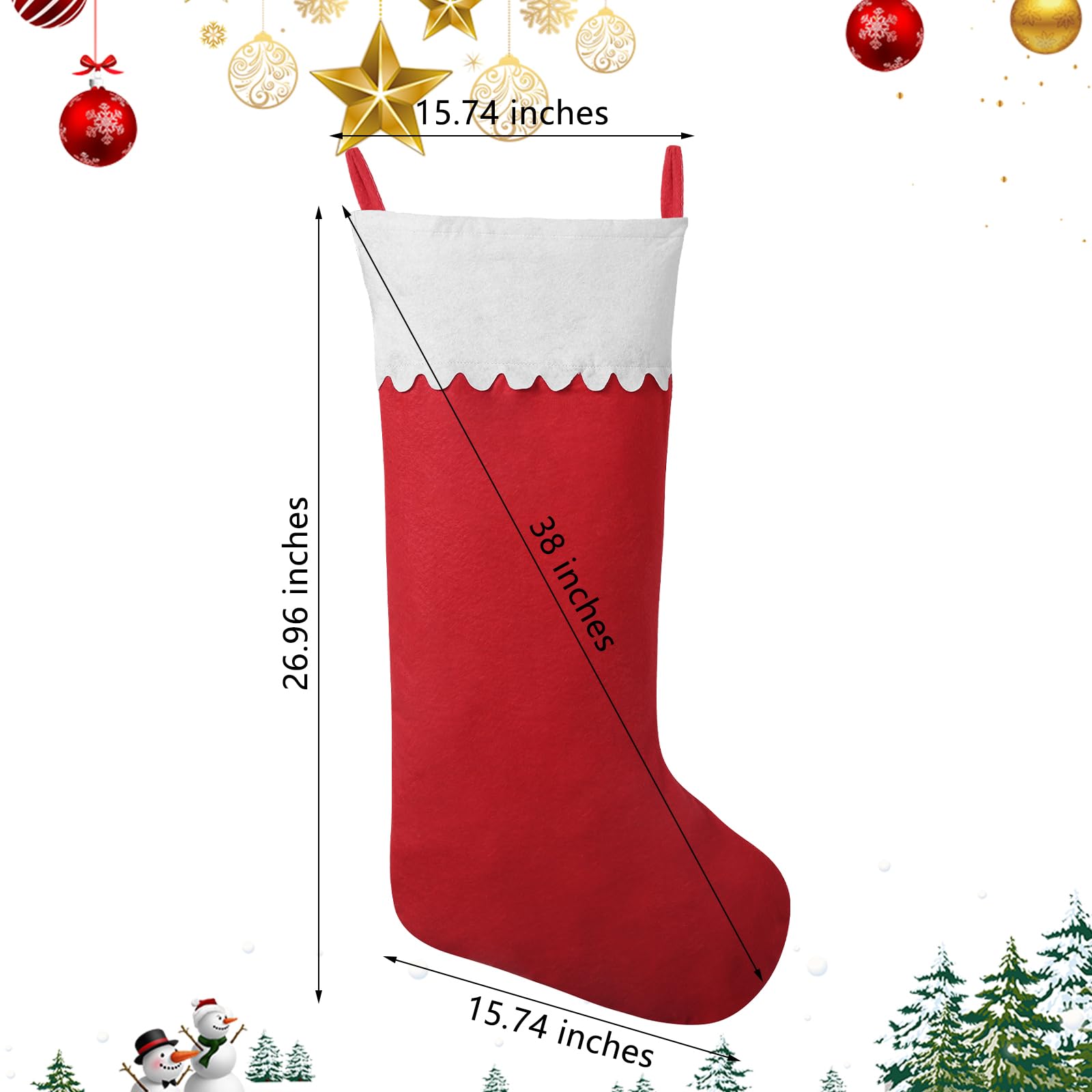 2 Pack Jumbo 38-Inch Red & White Felt Christmas Stockings - Large Holiday Stockings for Fireplace, Xmas Tree Decor - Perfect for Family Home Decorations, Christmas Parties & Festive Gift Giving