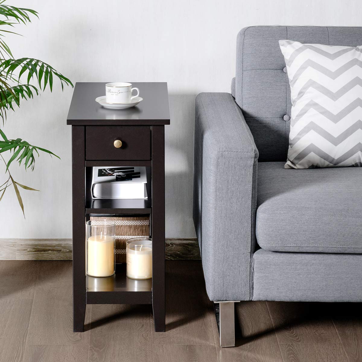 Giantex Narrow End Table Set of 2 - Small Side Table with Drawer & Shelf, Wood Accent Sofa Table & Skinny Nightstand for Small Spaces - Espresso Finish - Perfect for Living Room, Bedroom & Apartment Decor