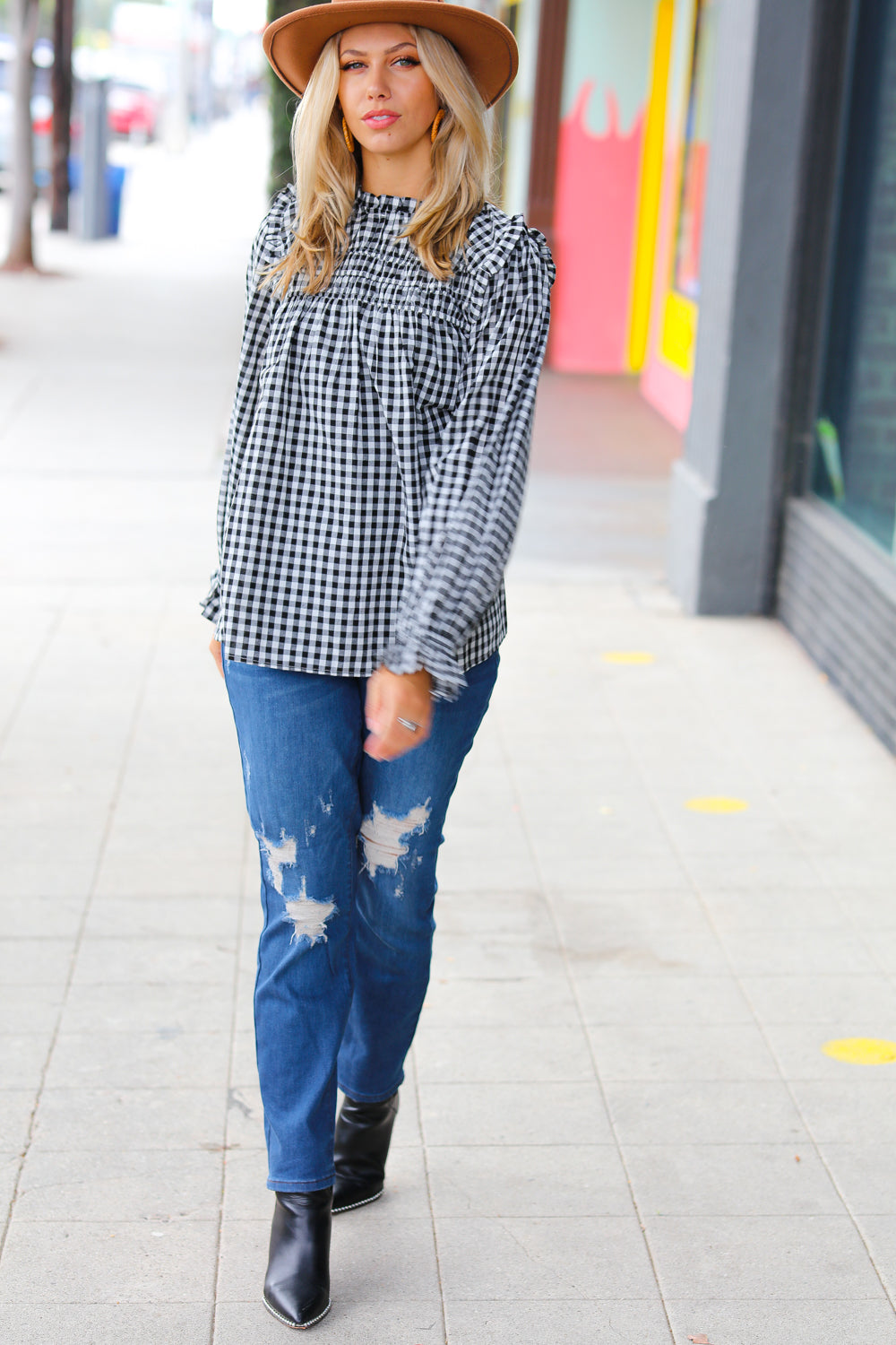 Stylish Black Gingham Shirred Yoke Mock Neck Frilled Top for Women | Vintage-Inspired Blouse for Casual Outfits & Date Nights