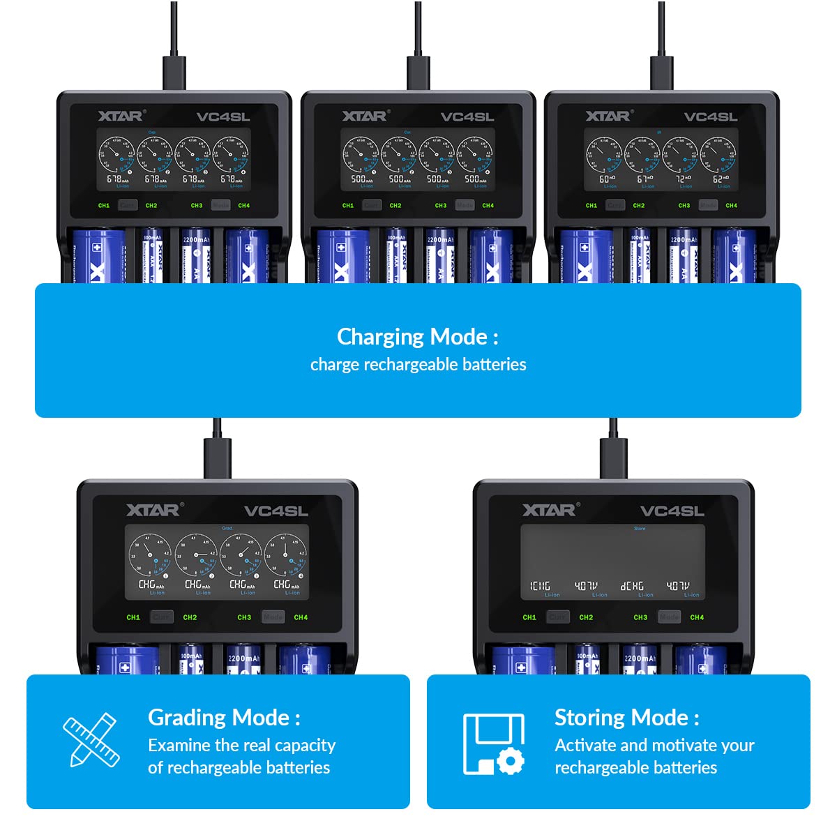 XTAR VC4SL 3A Fast Battery Charger with QC3.0 Adapter - 4 Bay Smart Charger for Li-ion & Ni-MH Rechargeable Batteries (1.2V-4.2V) - Perfect for Cameras, Flashlights, RC Toys, and Electronic Devices (Batteries Not Included)