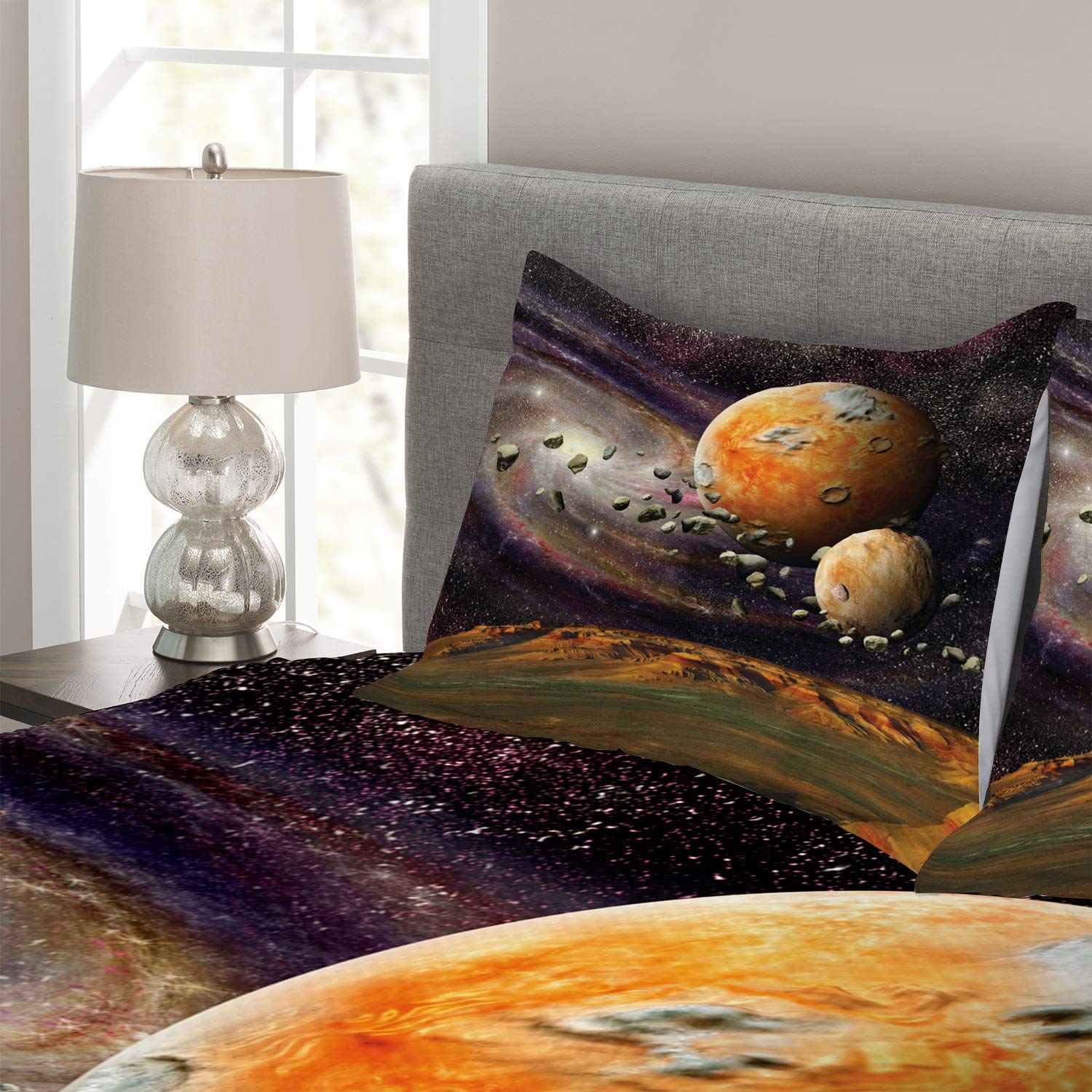 Ambesonne Galaxy Bedspread Set - King Size Space Themed 3-Piece Quilted Coverlet with 2 Pillow Shams | Universe, Planets & Stars Design in Green Purple Yellow White | Perfect for Astronomy Lovers' Bedroom Decor & Cosmic Themed Rooms