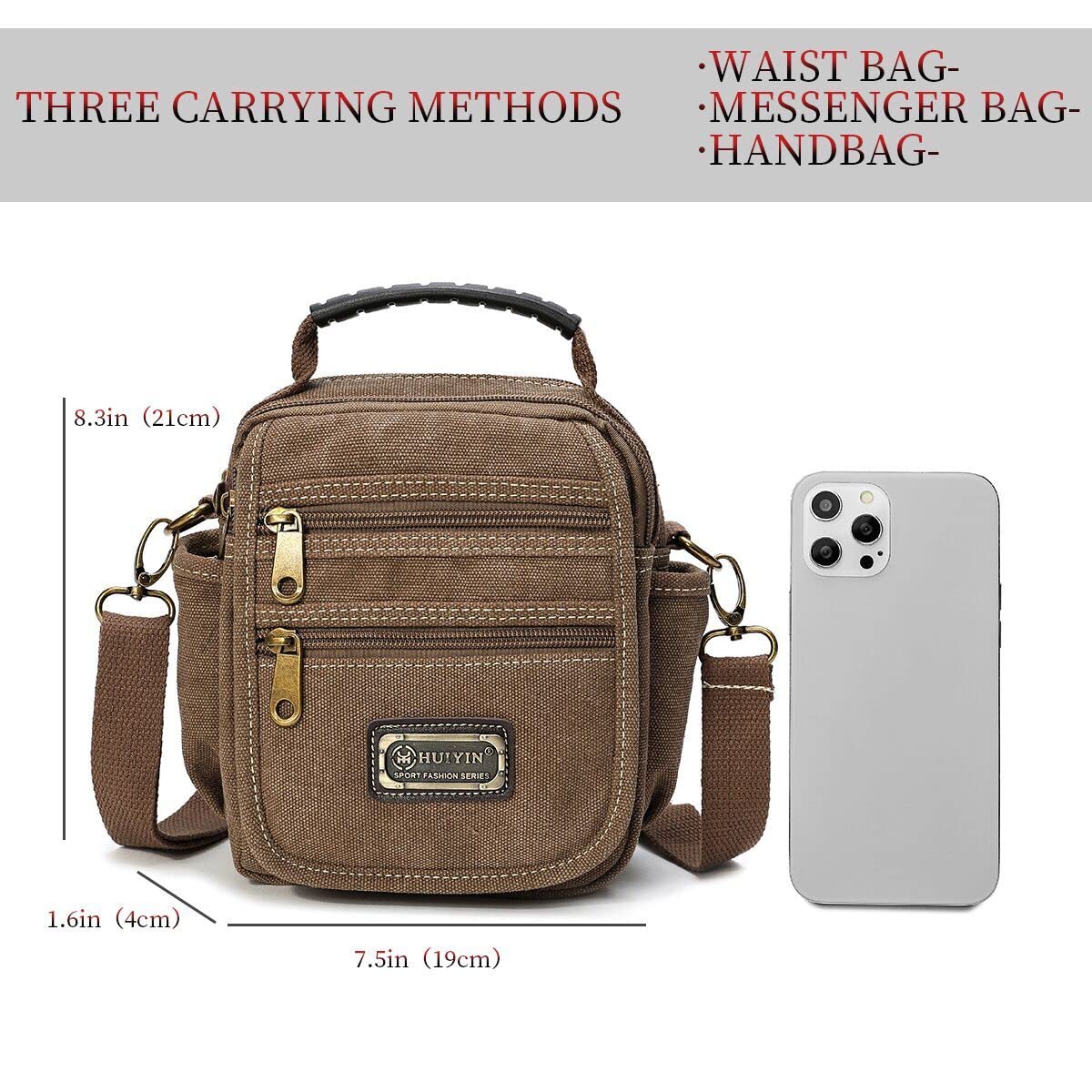 Men's Small Canvas Crossbody Phone Purse Bag - Mini Messenger Waist Belt Side Bag for Travel, Hiking & Daily Essentials (Black)