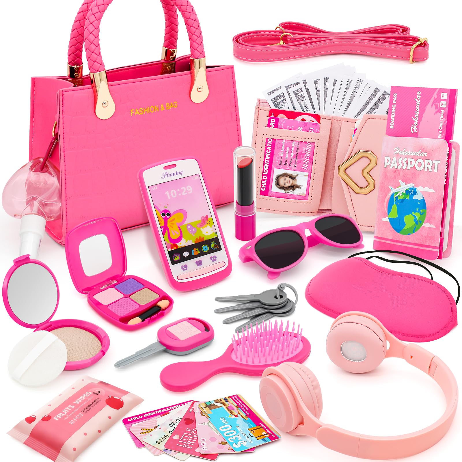 **49PCS Kids Pretend Play Purse Set with Pretend Makeup & Accessories - Princess Toy Wallet, Headset, Phone, Sunglasses, Keys, Credit Cards for Girls Age 3+ | Perfect for Birthday Gifts, Role Play & Dress-Up Fun**