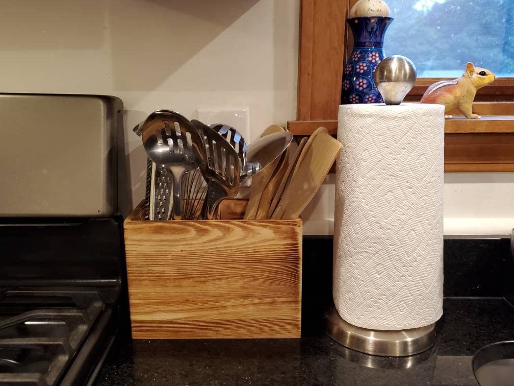 Farmhouse Style Wooden Kitchen Utensil Holder - 2 Compartment Countertop Organizer for Spatulas, Spoons & Cooking Tools - Rustic Kitchen Decor for Counter, Stove or Dining Table Storage