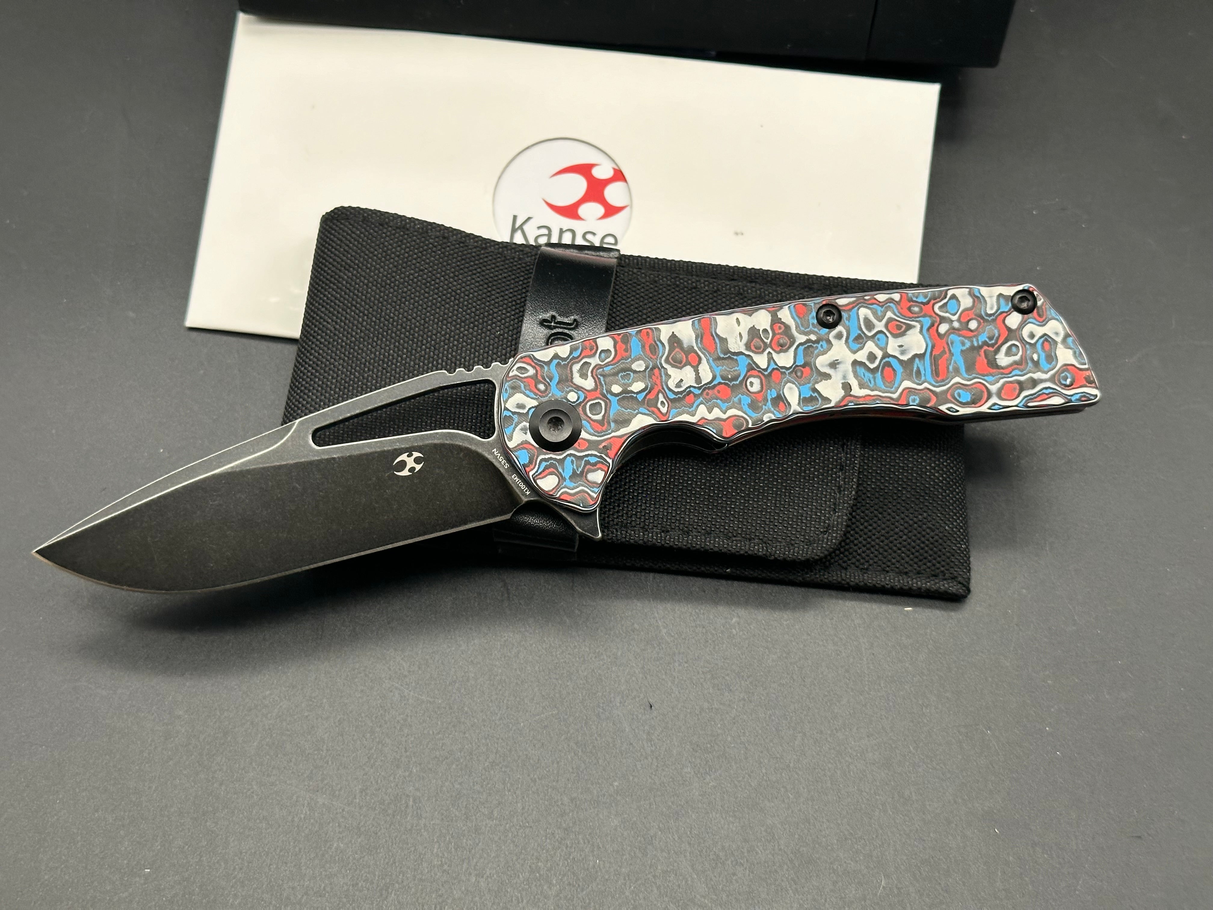 KANSEPT KRYO Folding Pocket Knife - Red/Blue/White Nebula Carbon Fiber Handle, S35VN Steel Drop Point Blade, Plain Edge Black Stonewash Finish (Model K1001M3) | EDC, Camping, Hiking & Outdoor Survival Tool