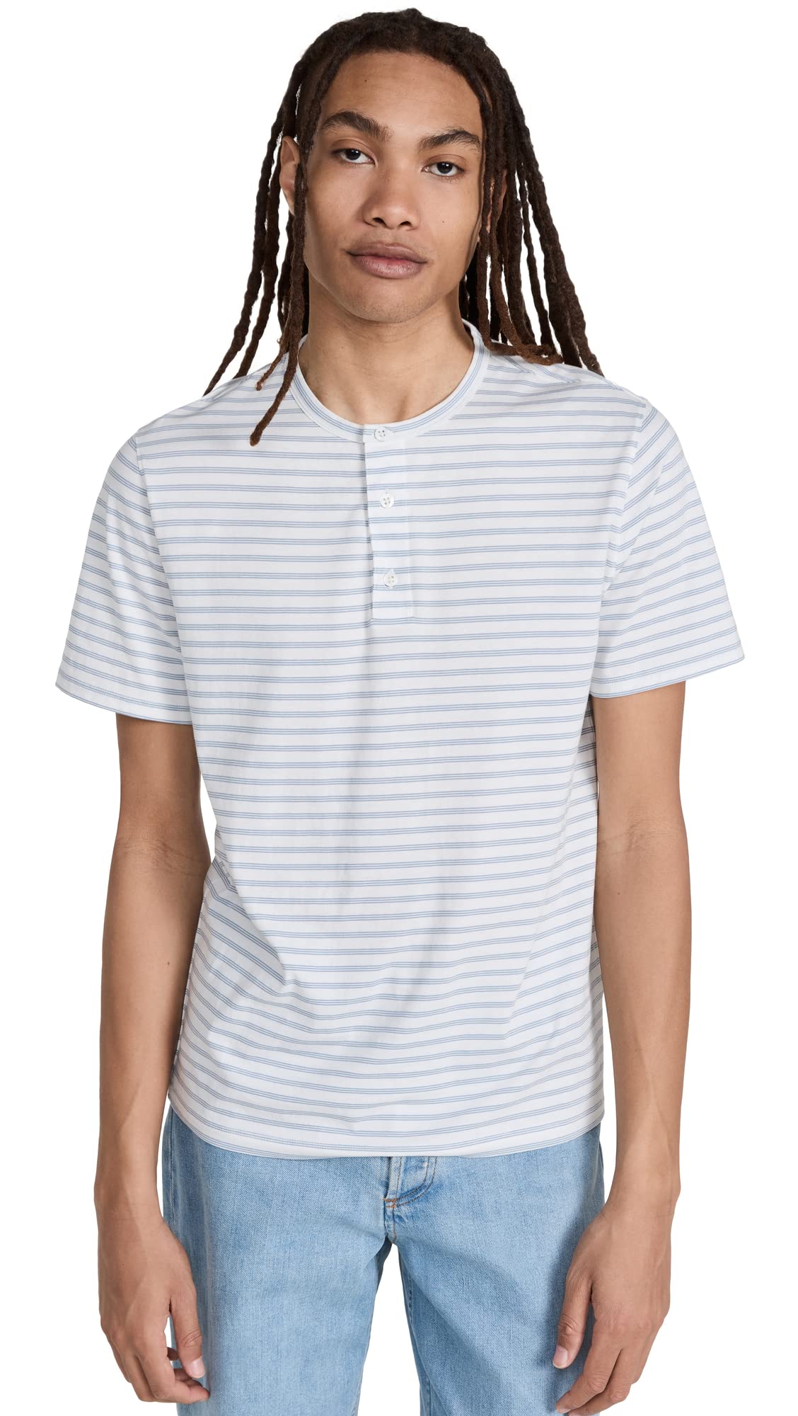 Vince Men's Navy & White Striped Short Sleeve Henley Shirt - Casual Summer Wear for Outdoor Activities & Beach Outings