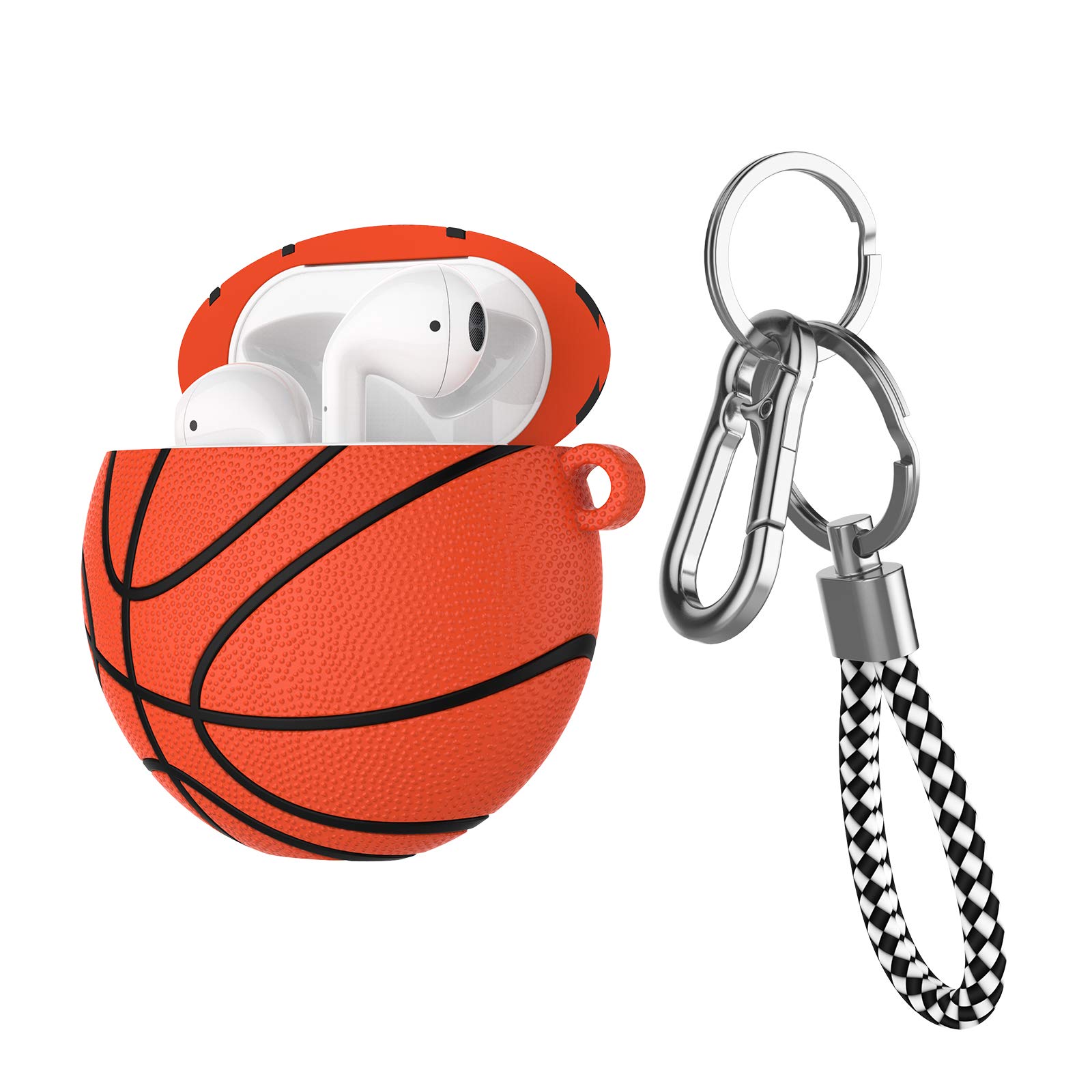 Stylish Basketball Design Hard PC Plastic AirPods Case Cover with Keychain & Lanyard - Compatible with AirPods 1 & 2 (Brown) - Perfect for Sports, Gym & Outdoor Activities