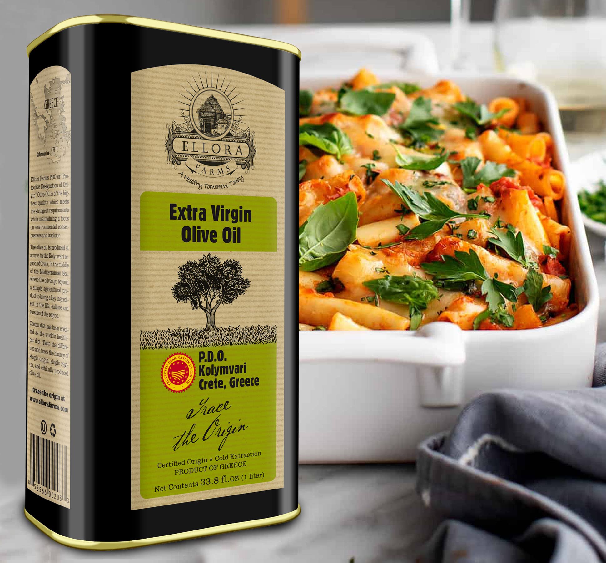 Ellora Farms Greek Extra Virgin Olive Oil - Certified Single Estate PDO, Traceable, Harvested in Crete, Kosher Certified, 1L x 3 Tins (101.4 Fl Oz) - Perfect for Cooking, Salad Dressings & Gourmet Recipes