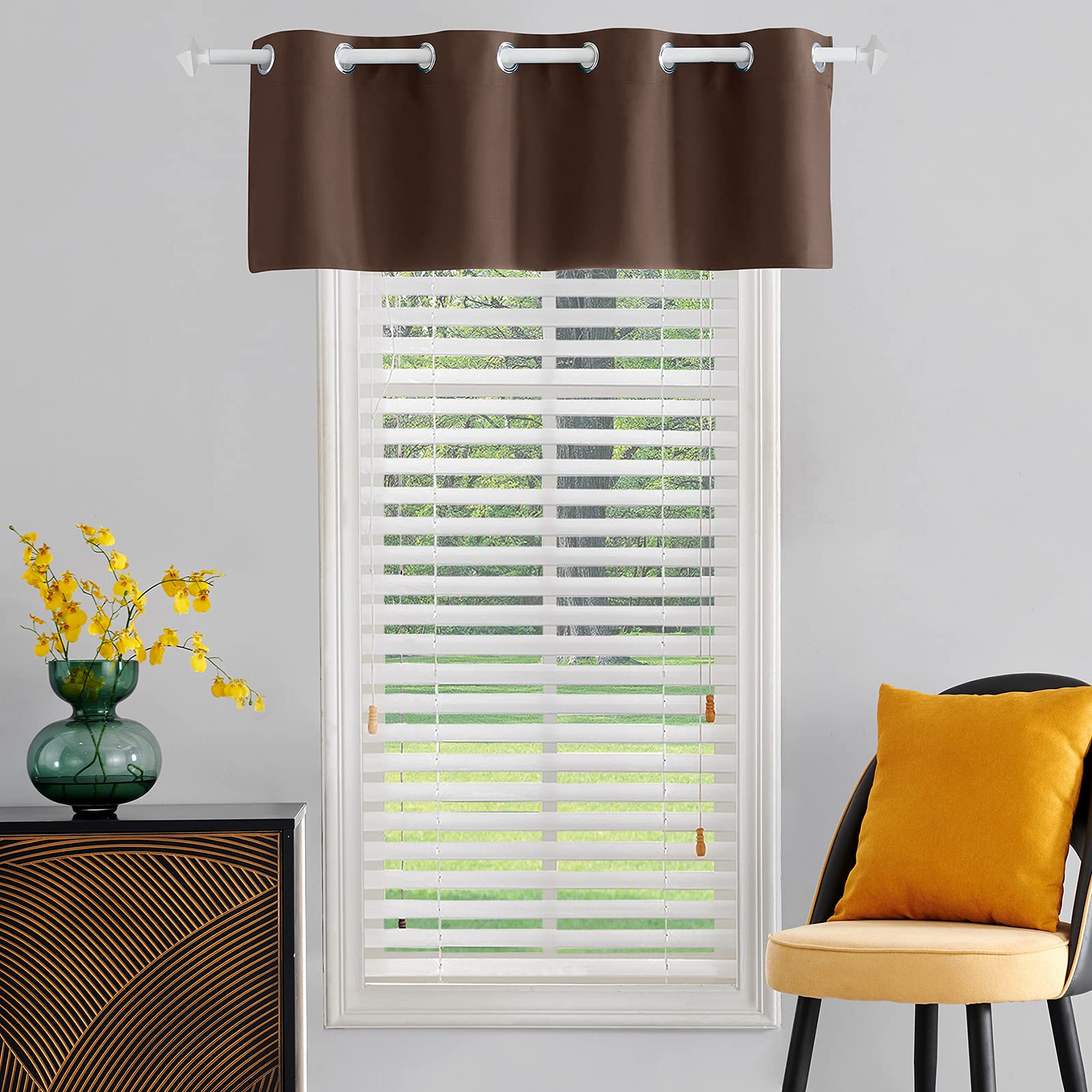 TOAVA DECO Brown Grommet Valance Curtain Panel 52x18 Inches - Elegant Window Treatment for Basement, Bedroom, Kitchen & Bathroom Decor | Perfect for Home, Apartment & Office Use