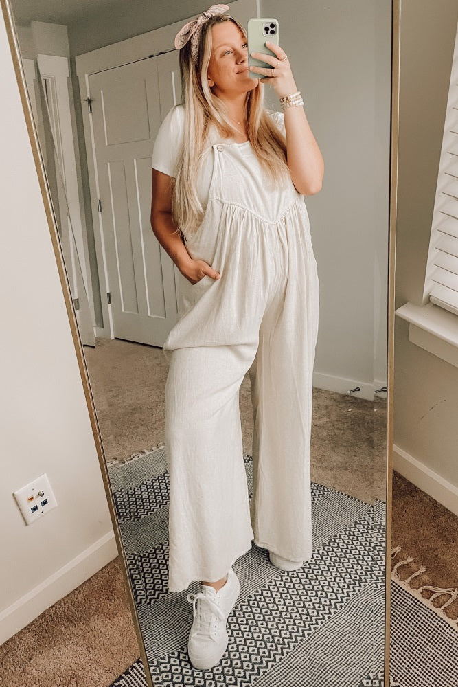 Women's Beige Linen Overalls - Comfortable Jumpsuit with Pockets for Gardening, Casual Outings & Summer Fashion