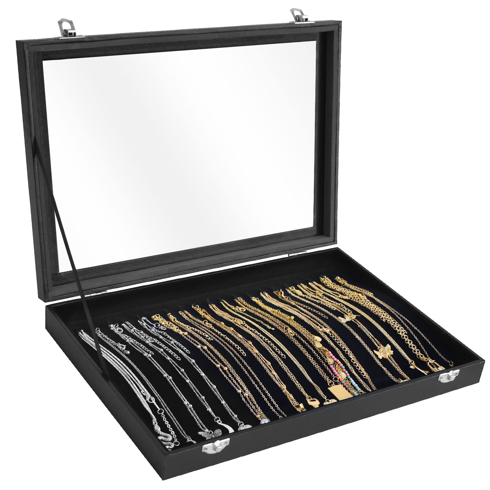 Premium Jewelry Organizer Box - 20 Hook Necklace Display Case with Clear Lid - Necklace & Pendant Storage for Women & Girls (Black) - Perfect for Travel, Gifts & Home Decor