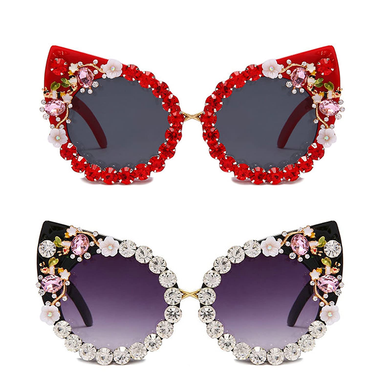 Vintage Cat Eye Sunglasses for Women - Luxury Rhinestone Crystal Eyewear with UV400 Protection (2 Pack, Black/White/Red Frame) | Retro Fashion Accessories for Beach, Party & Everyday Wear
