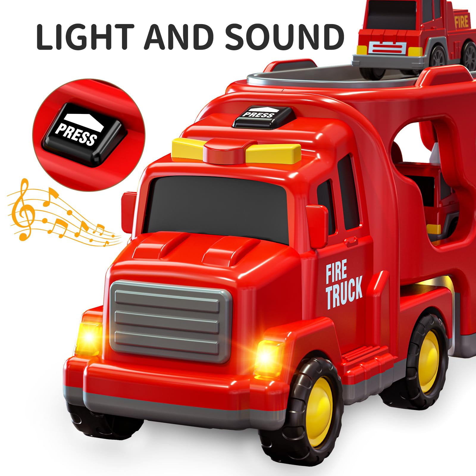 Fire Truck Toy for Kids Ages 3-7 - Toddler Fire Engine Transport Vehicle Carrier with Lights & Sounds - Best Gift for Boys & Girls - Perfect for Pretend Play, Birthday Parties & Preschool Learning