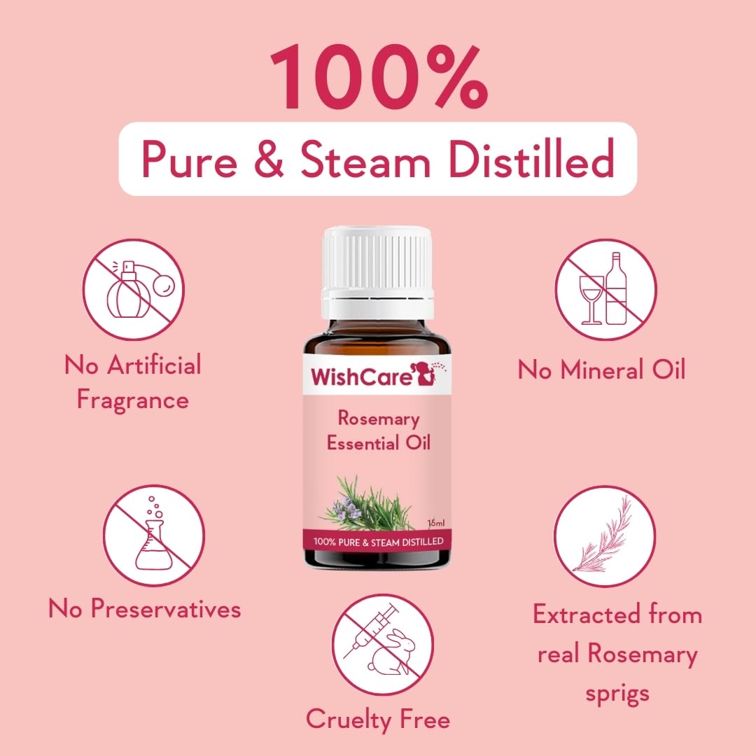 WishCare® 100% Pure Rosemary Essential Oil - 15ml Undiluted Natural Aromatherapy Oil for Hair Growth, Stress Relief & Skin Care | Perfect for Diffusers, Massage & DIY Beauty Products